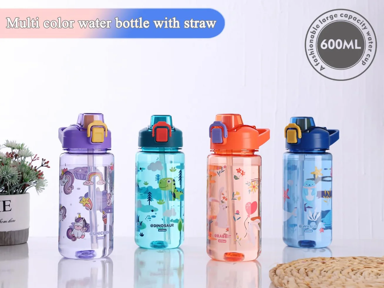 Gourde Enfant 600ml Paille Bouteille Eau sans BPA Anti-Fuite Bleu