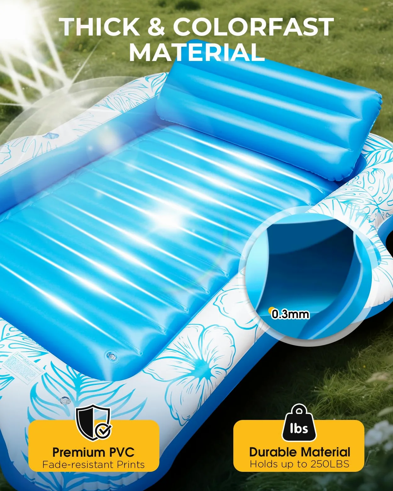 Matelas Gonflable Piscine Adulte, 180x120cm Tanning Pool Piscine de Bronzage avec Double Porte-Gobelets et Tête-Intégrée, Pour Bain de Soleil, Plage, Jardin, Fête, Été, Matelas de Bronzage Confortable