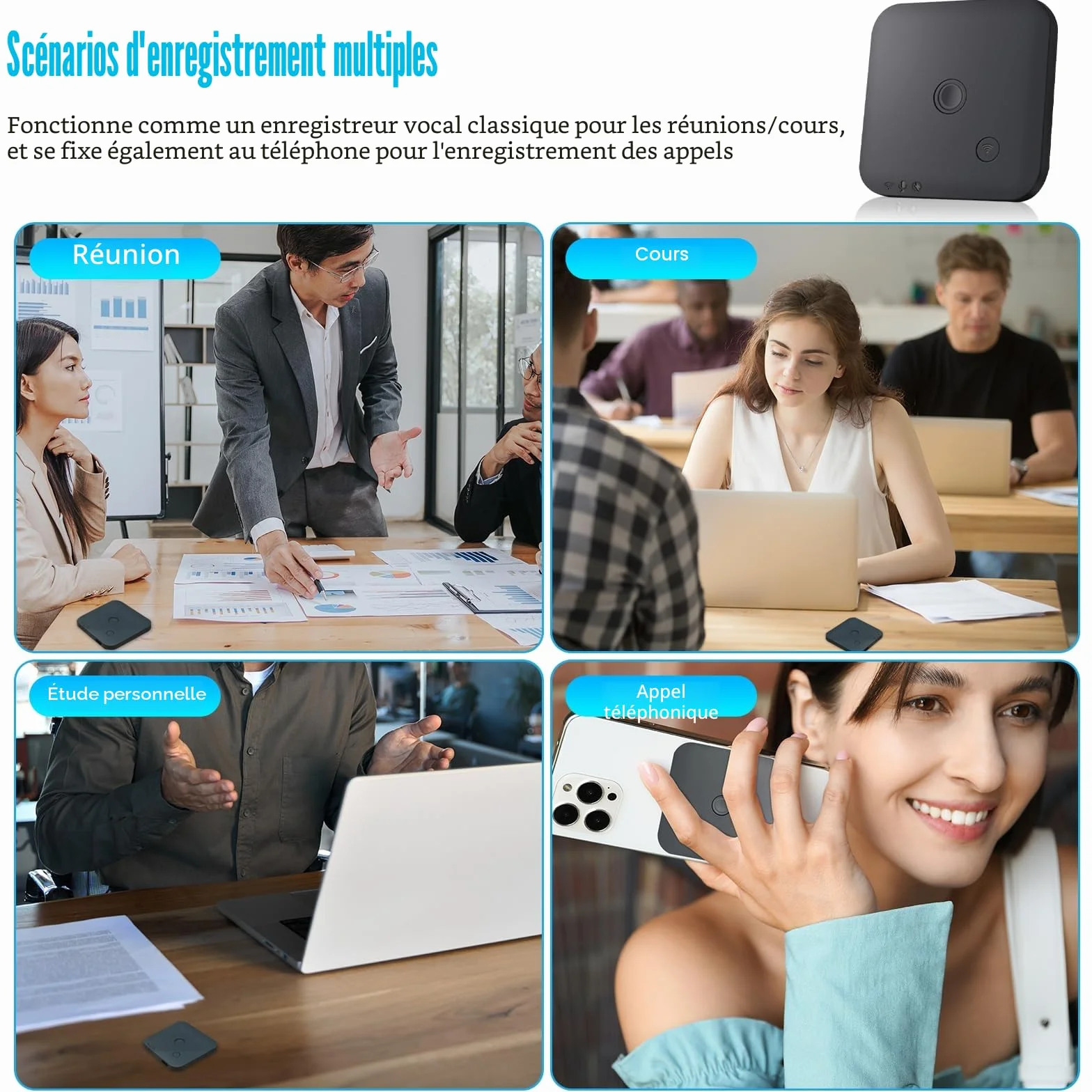 Enregistreur Vocal Numérique IA 64 Go avec ChatGPT 4o, Dictaphone Magnétique pour Transcription 102 Langues, Noir