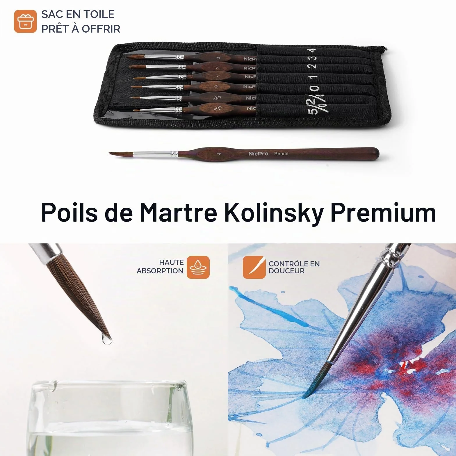 Nicpro 7 Pinceaux Miniatures Poils de Martre Kolinsky, Pinceaux Peinture Professionnels Pointe Ronde avec Étui Tissu pour Acrylique Figurines Modélisme