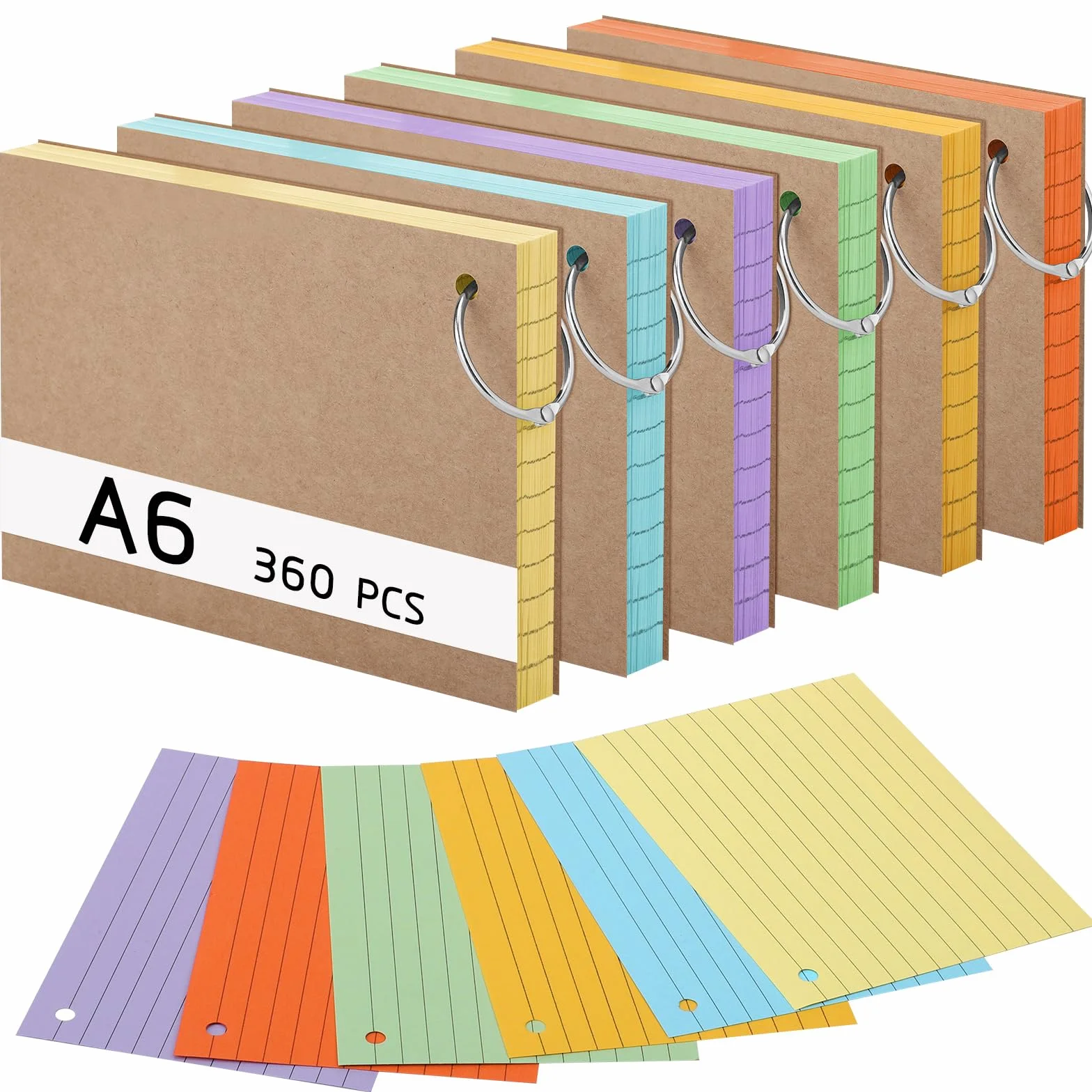 Flash Cards A6 Lignées 150 g/m² avec Couverture Kraft Anneaux de Reliure Cartes de Révision Multicolores (14,8 x 10,5 cm)