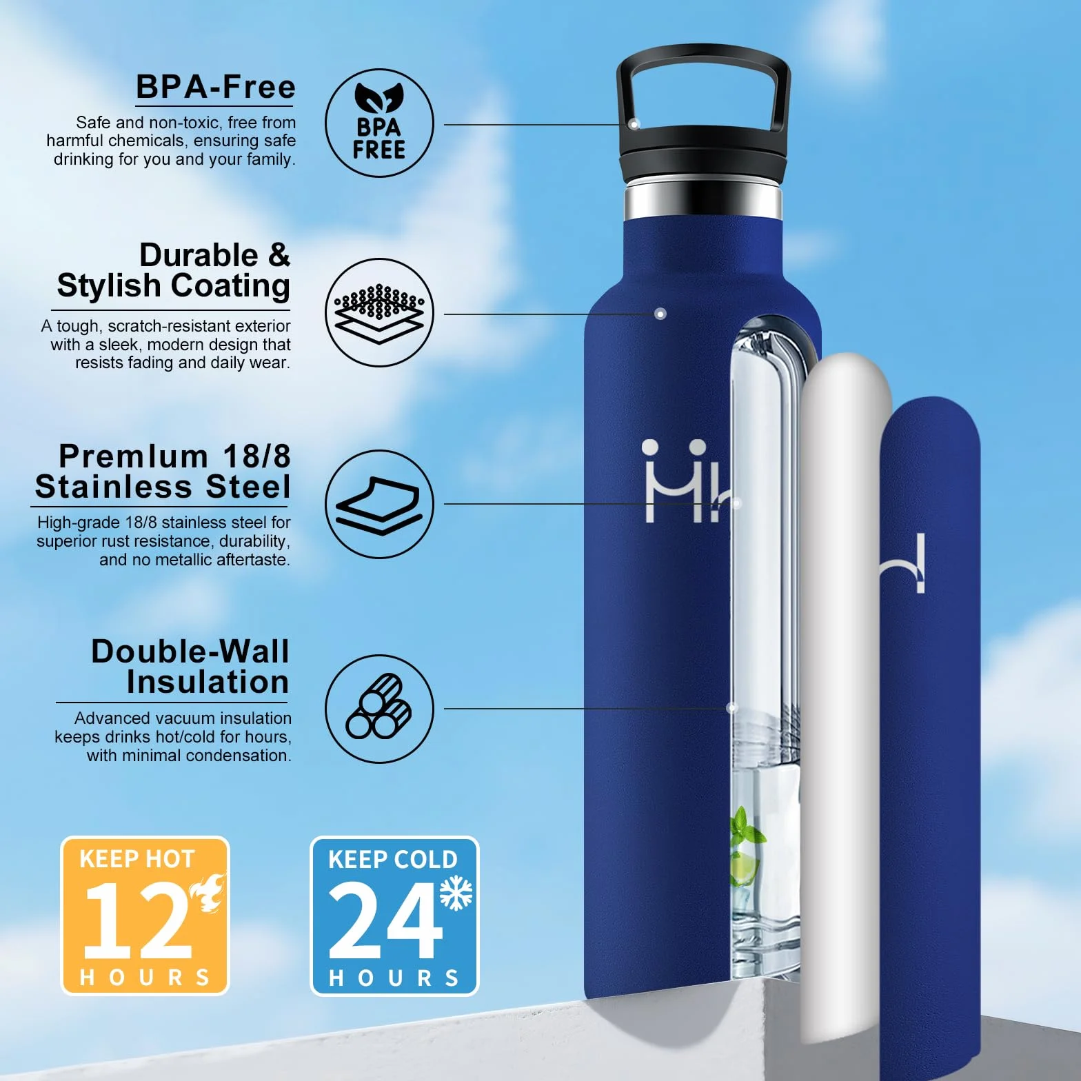Gourde Isotherme 750ml Acier Inoxydable Bouteille d'Eau sans BPA Réutilisable