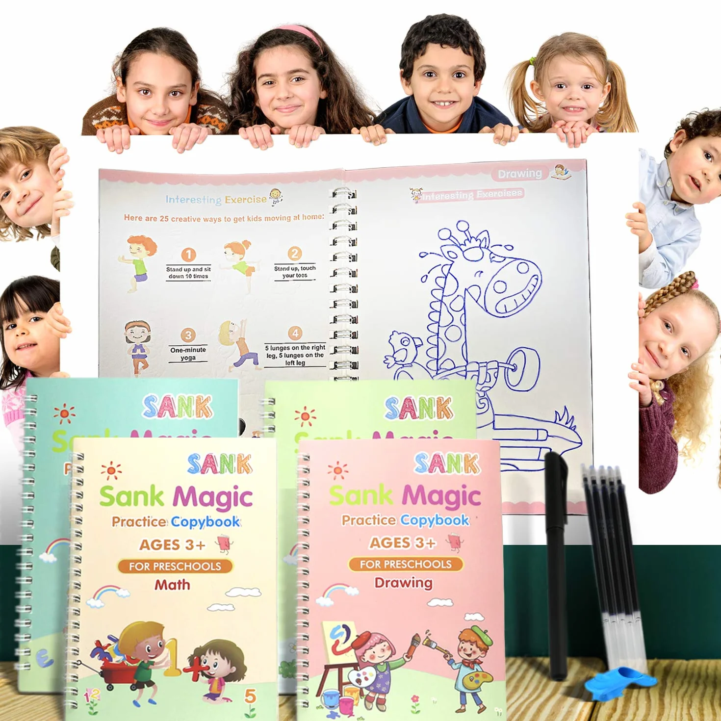 Cahier de calligraphie réutilisable 4 pièces pour enfants, pratique d'écriture magique