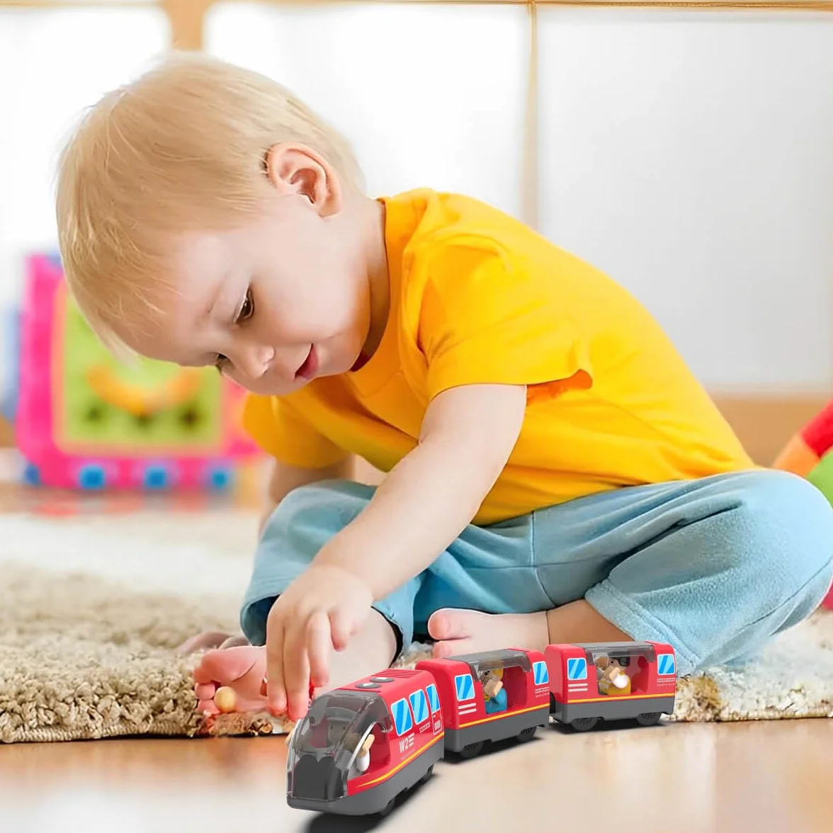 LiRiQi Train de locomotives à Piles, Ensemble de Jouets Magnétique de Train électrique en Bois, Compatible avec Thomas, Brio