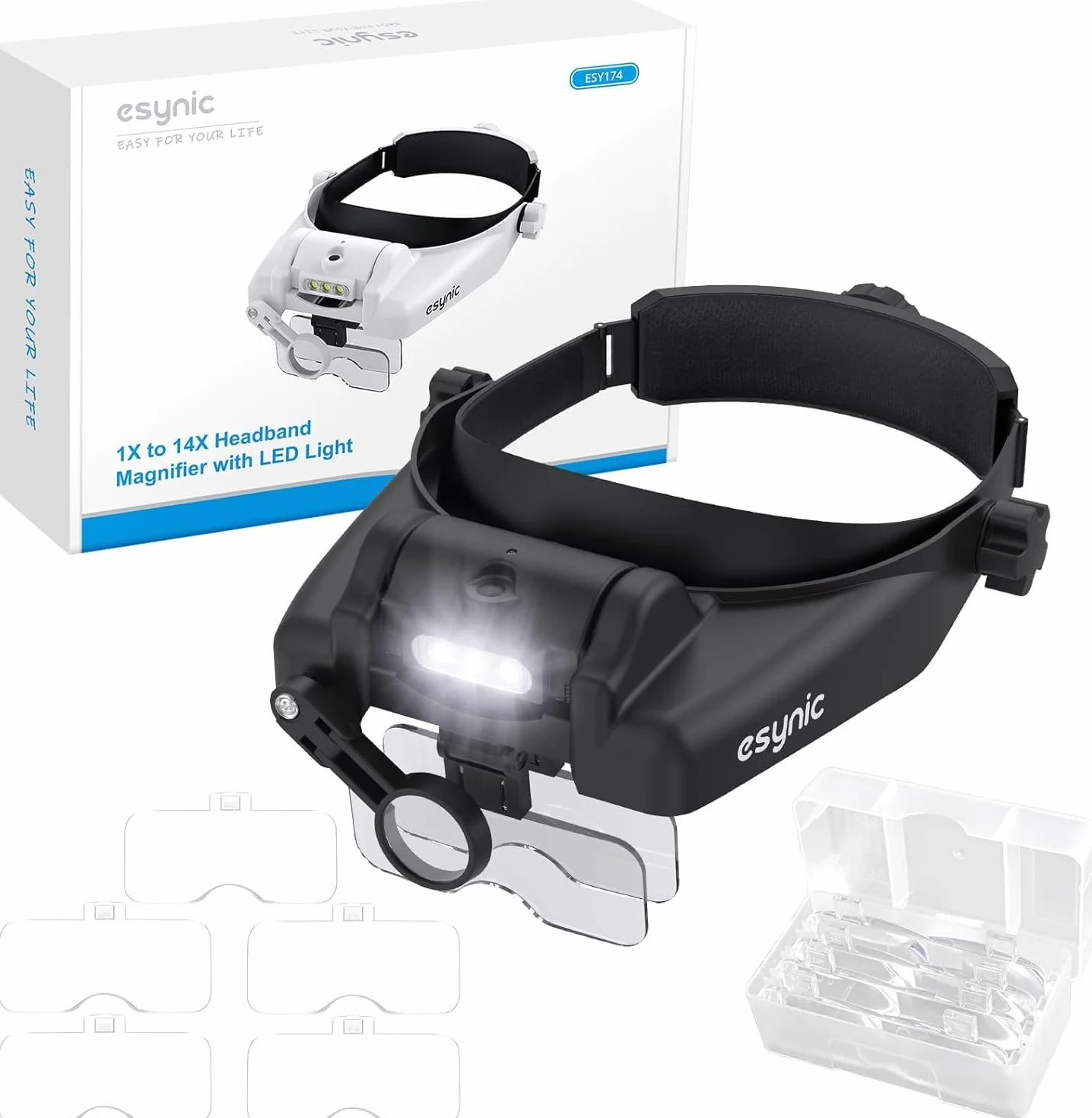 Loupe Frontale eSynic 1X-14X avec Lampe LED Rechargeable Type-C 5 Lentilles Amovibles Noir
