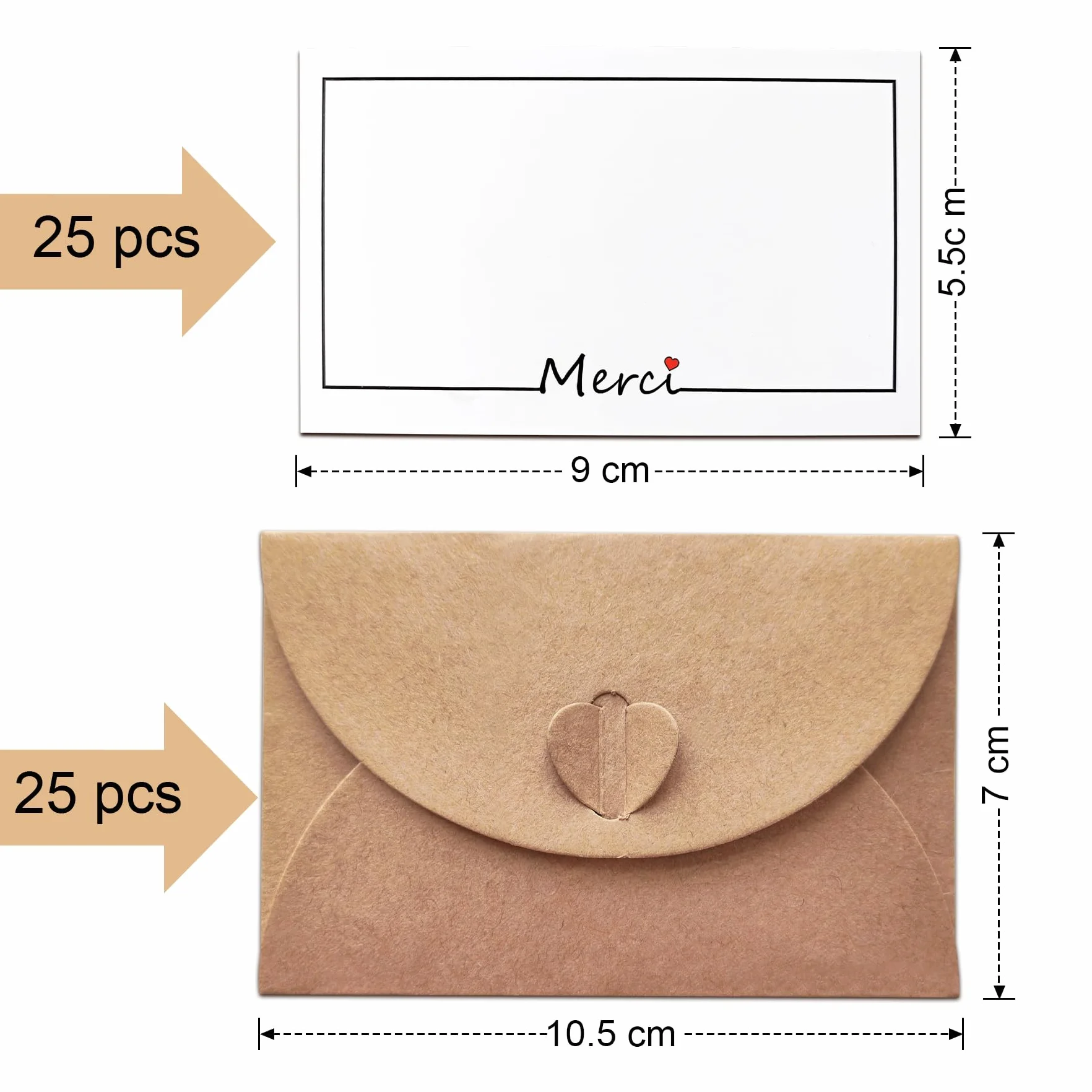 25 Pièces Petites Enveloppes Kraft avec 25 Cartes Vierges 10.6×7.6cm pour Noël Fête Invitation