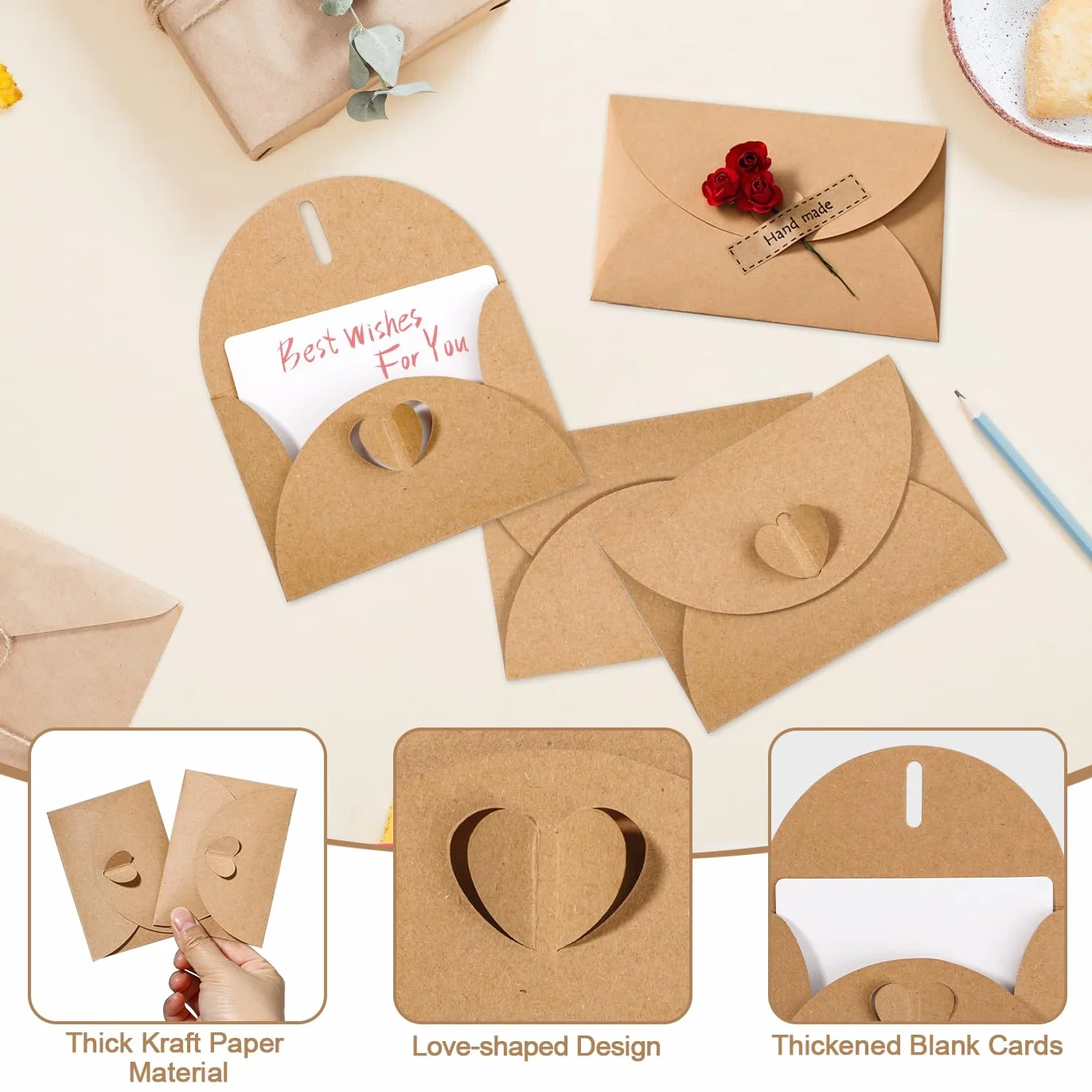 Enveloppes en papier kraft vintage avec fermeture cœur - Lot de 50 avec cartes vierges pour mariage, remerciement