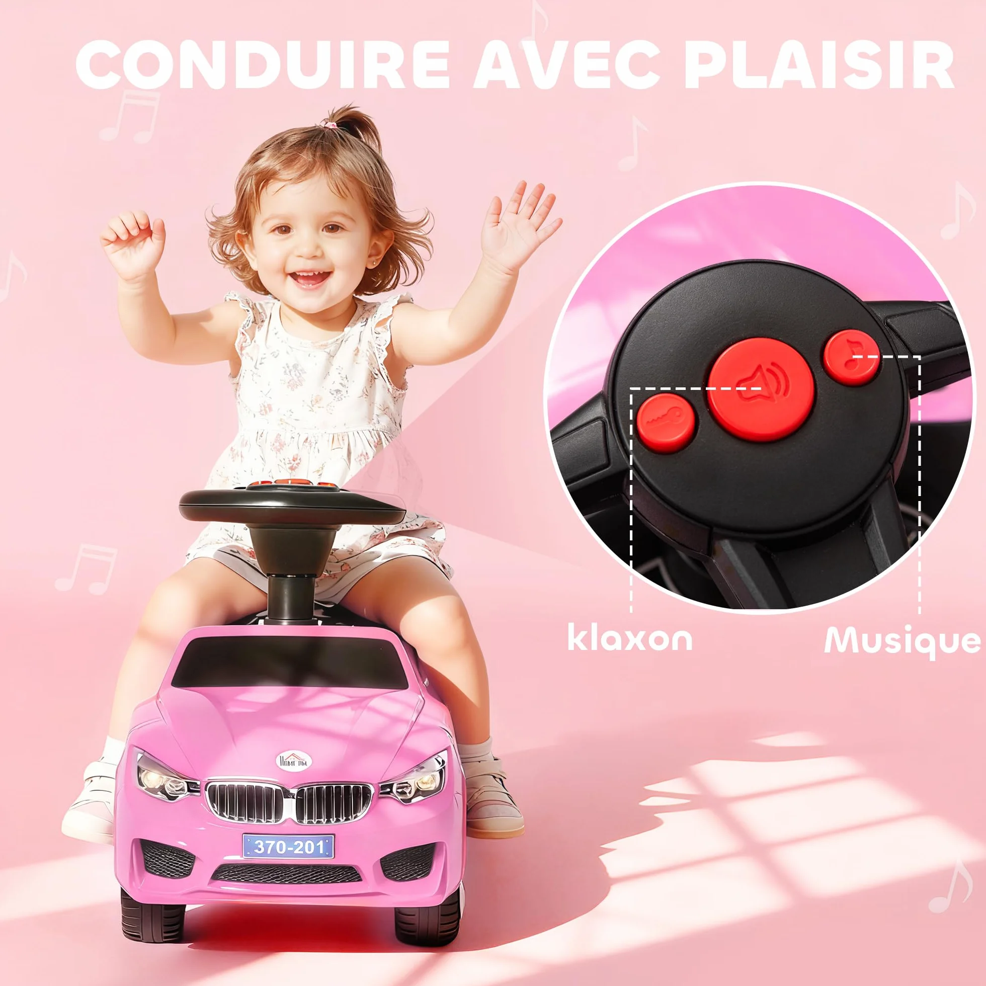 HOMCOM Voiture à Pousser Enfants avec Coffre à Jouets, Klaxon, Phares, Musique, 18-36 Mois, Rose