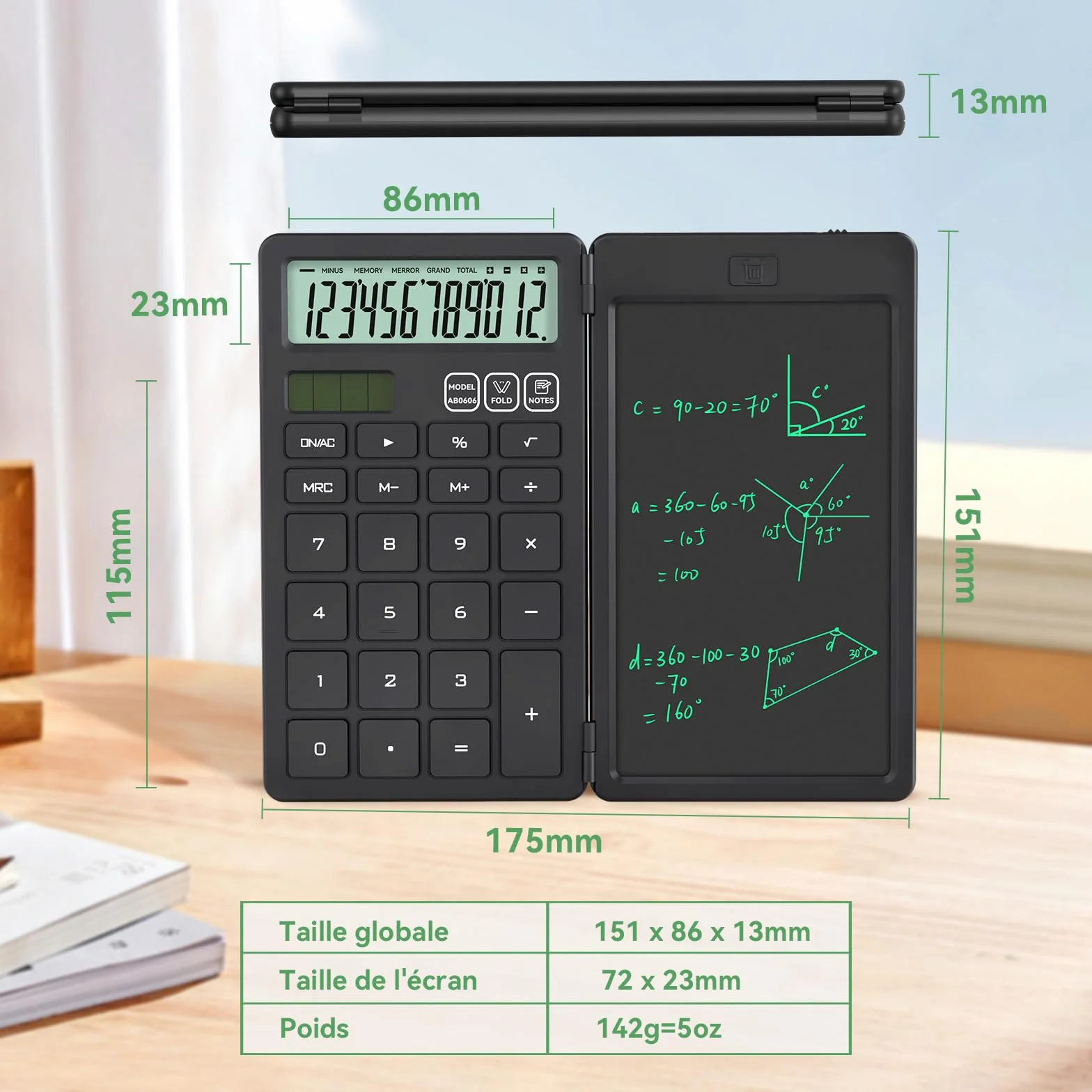NEWYES Calculatrice avec Tablette d'Écriture, Portable pour Élèves Primaire et Collège, Noir