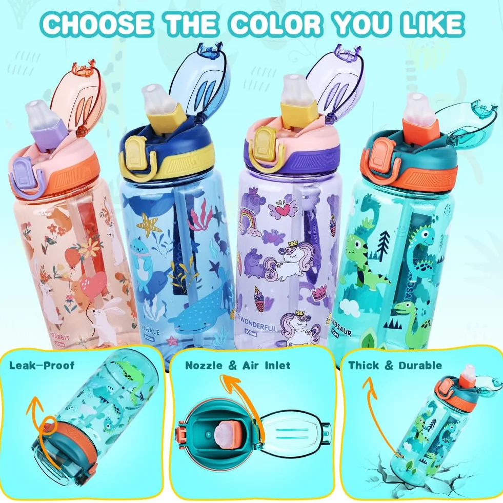 Flintronic 600ML Gourde Enfant avec Paille, Bouteille Enfant avec Poignée, Anti-Fuite, sans BPA Tritan pour l'école Sport (Vert-Dinosaures)