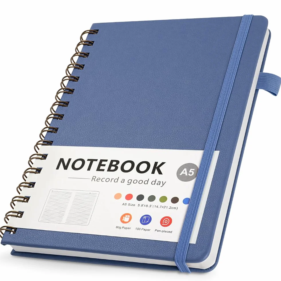 Cahier à Spirale A5 avec Intercalaires, 200 Pages Ligné Détachables Couverture Rigide PU, Bleu 21.5x15.6x2cm