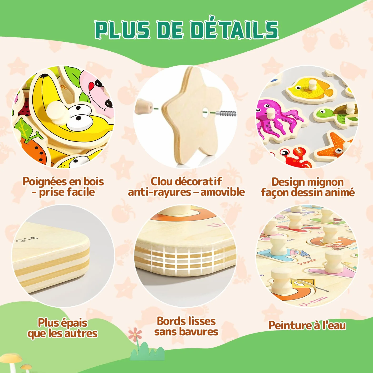 Puzzle Bois Enfant 2-4 Ans 6 Pièces Puzzle Animaux Montessori Jouet Educatif