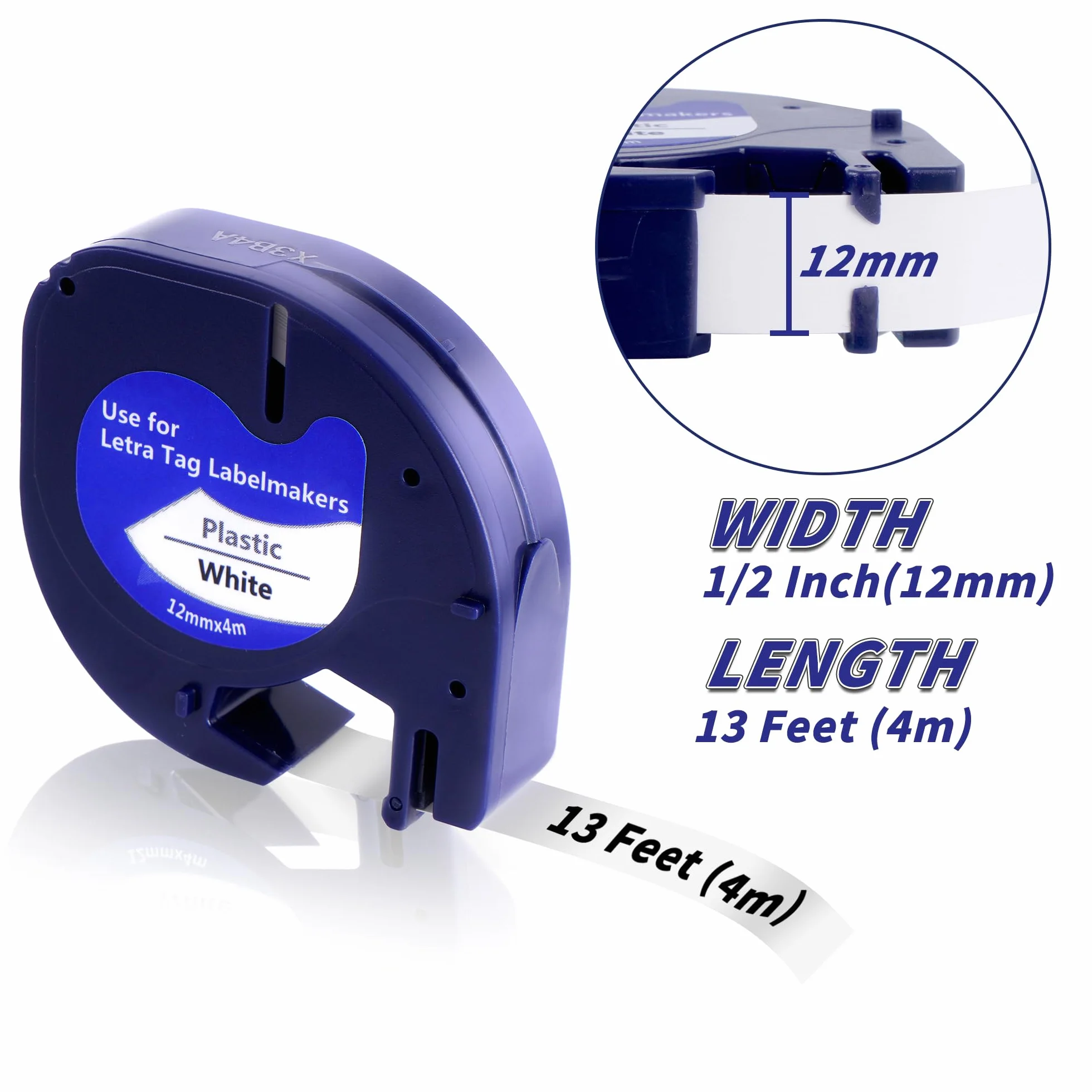 Ruban Compatible Dymo 12mm x 4m pour Etiqueteuse Letratag Plastique Noir sur Blanc