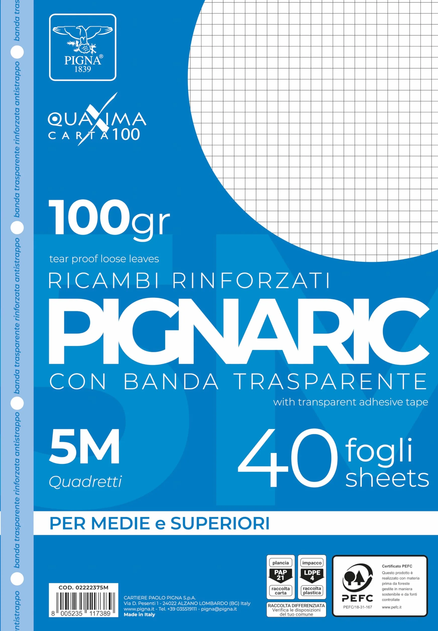 Pigna Feuilles A4 Quadrillé 5 mm Paquet de 40 100 g/m² Bande Latérale Renforcée
