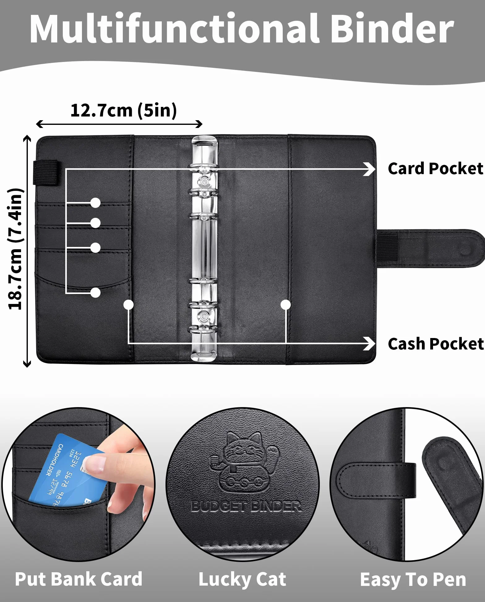 Carnet Enveloppe Budget A6 avec Pochette PVC Zippée, Stickers et Fermeture Magnétique (Noire)