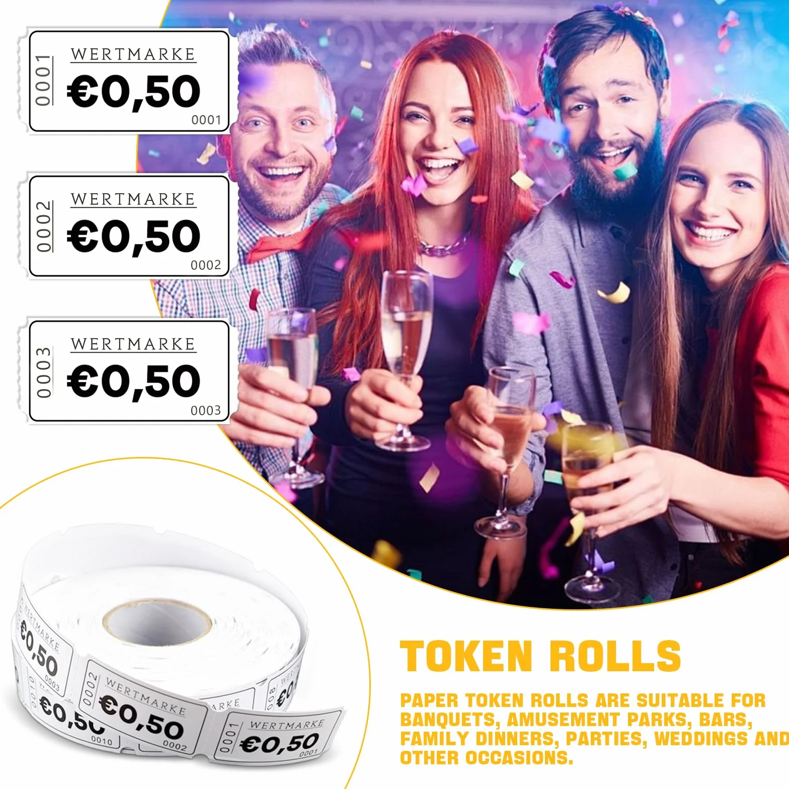 Jetons pour repas & boissons, rouleaux 1000 feuilles, numérotation continue, facile à déchirer (0,5 euro)