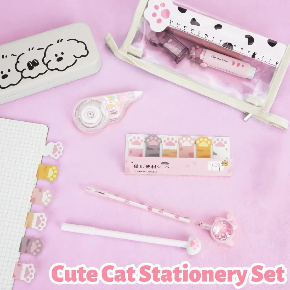 Kit Papeterie Patte de Chat 13 Pièces, Mini Rouleau à Crayons, Gomme, Ruban Correcteur, Stylos, Règle, Notes Adhésives, Surligneurs