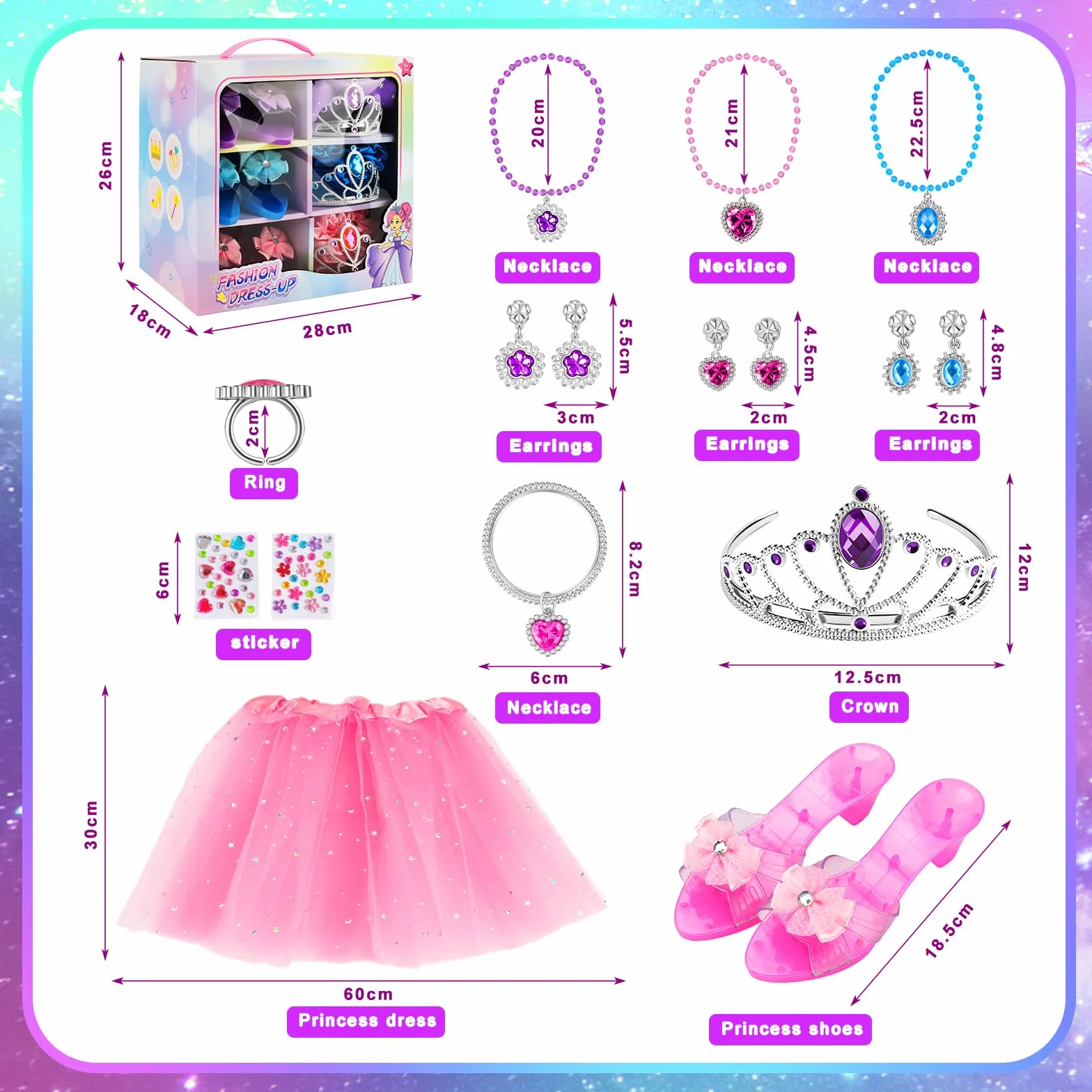 Fille Robe Princesse avec 3 Paires Chaussures Talon Enfant, 3 Jupes, Couronne, Collier, Cadeaux Halloween Noël