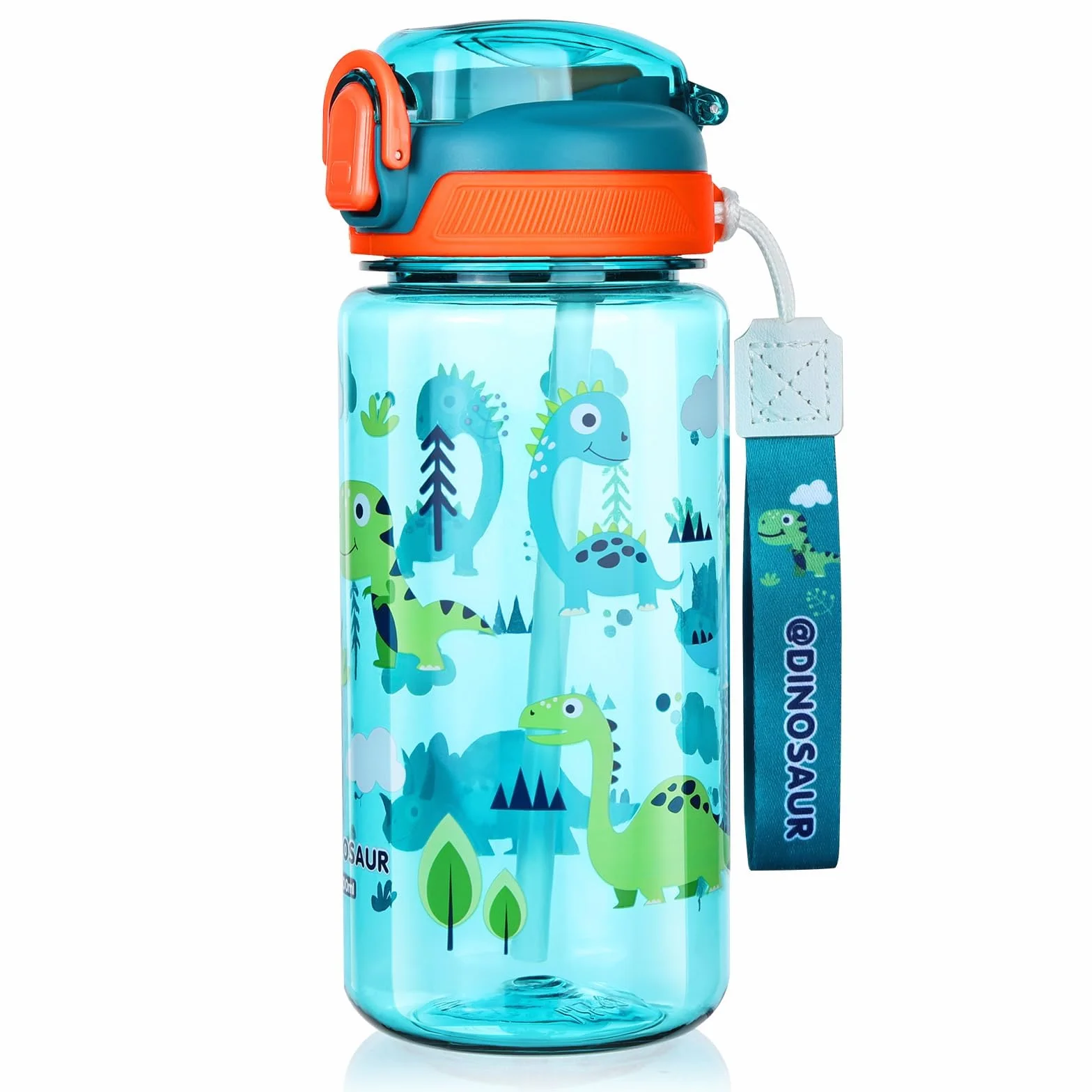 Flintronic 600ML Gourde Enfant avec Paille, Bouteille Enfant avec Poignée, Anti-Fuite, sans BPA Tritan pour l'école Sport (Vert-Dinosaures)