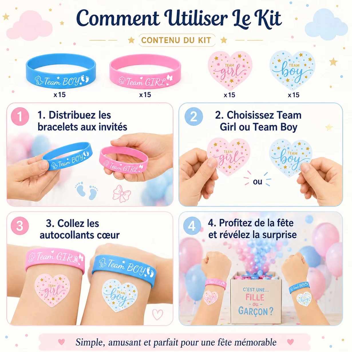 Kit de Révélation de Genre 60 Pièces avec Bracelets Silicone et Autocollants Cœur pour Annonce Grossesse