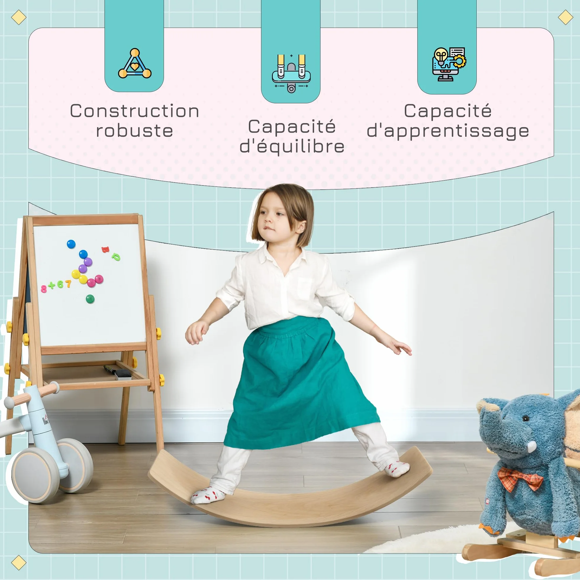 AIYAPLAY Planche d'équilibre pour enfants en bois naturel 90x29x19 cm charge max 50 kg