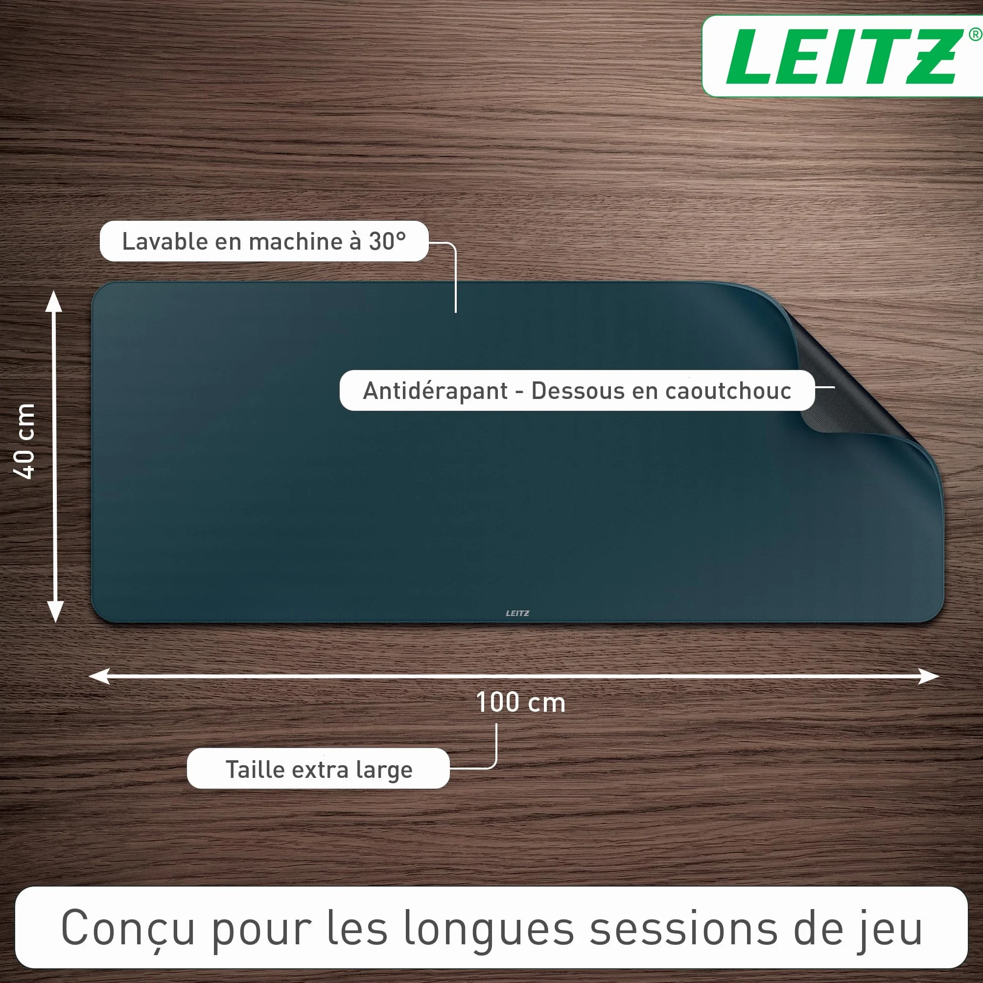 Leitz Tapis de bureau gaming extra-large 100x40 cm antidérapant lavable en machine
