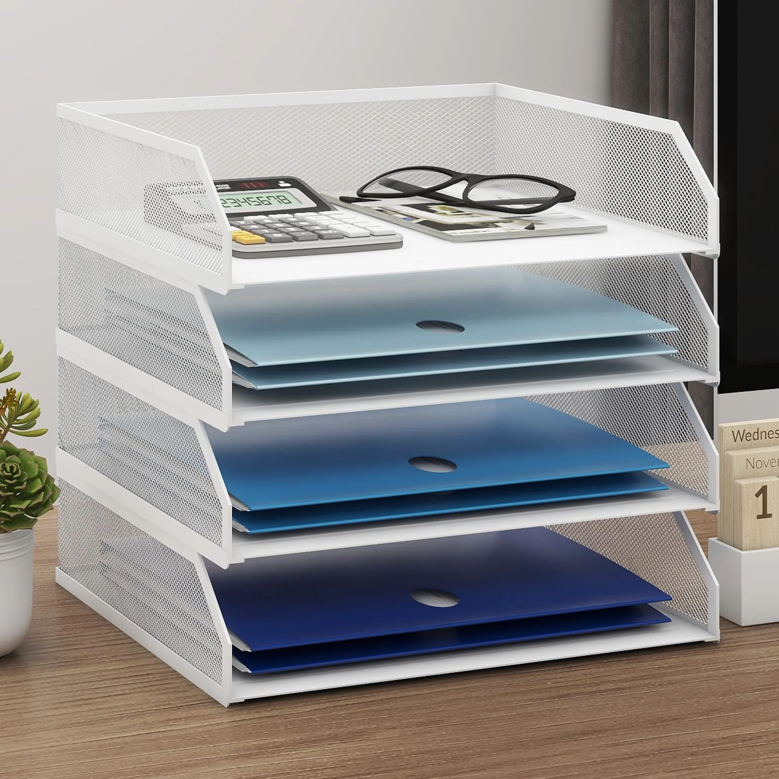 PUNCIA Corbeilles à Courrier Métallique 4 Niveaux Organiseur de Bureau Rangement Documents Blanc