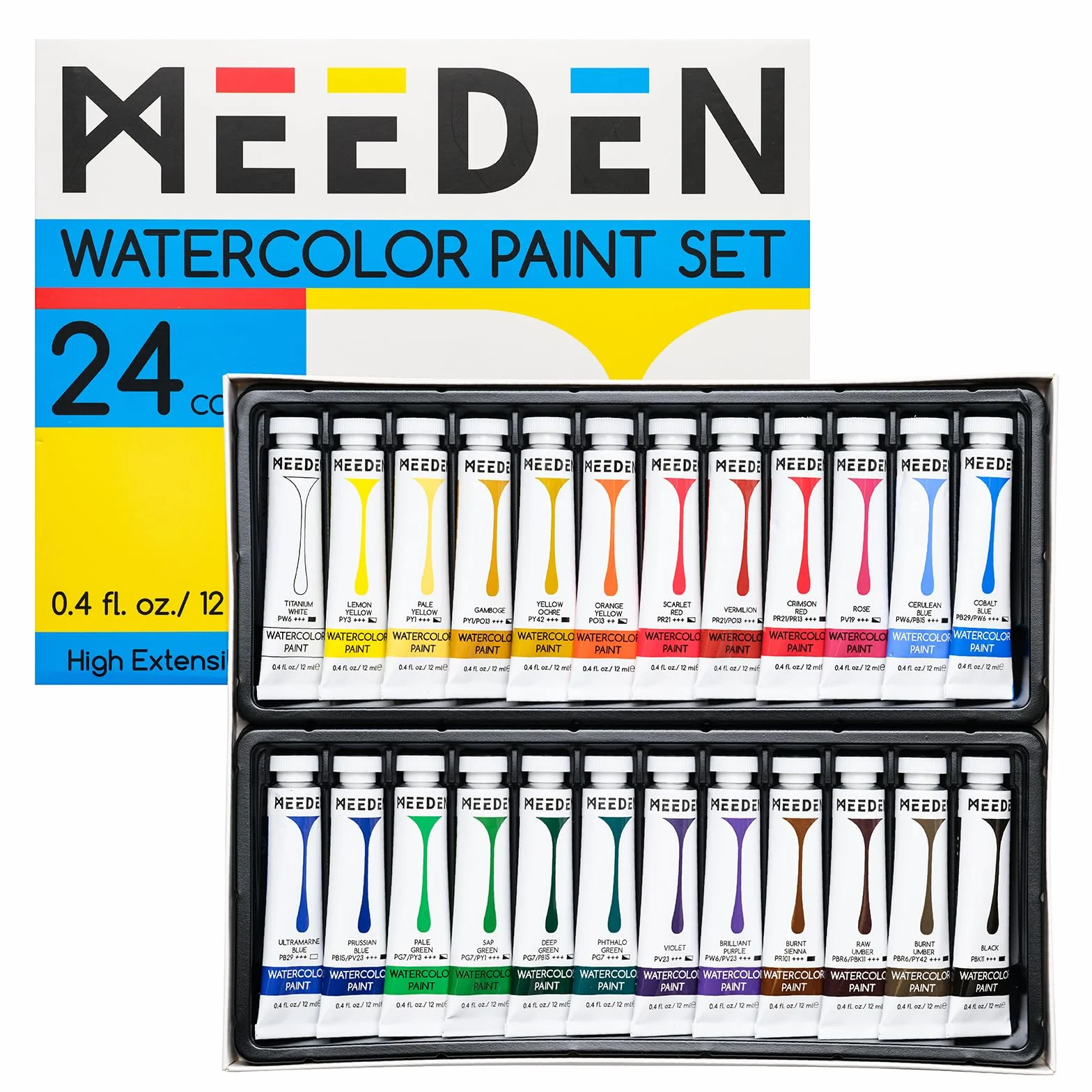 MEEDEN Lot de 24 Peintures Aquarelles 12 ml - Pigments Riches, Non Toxiques