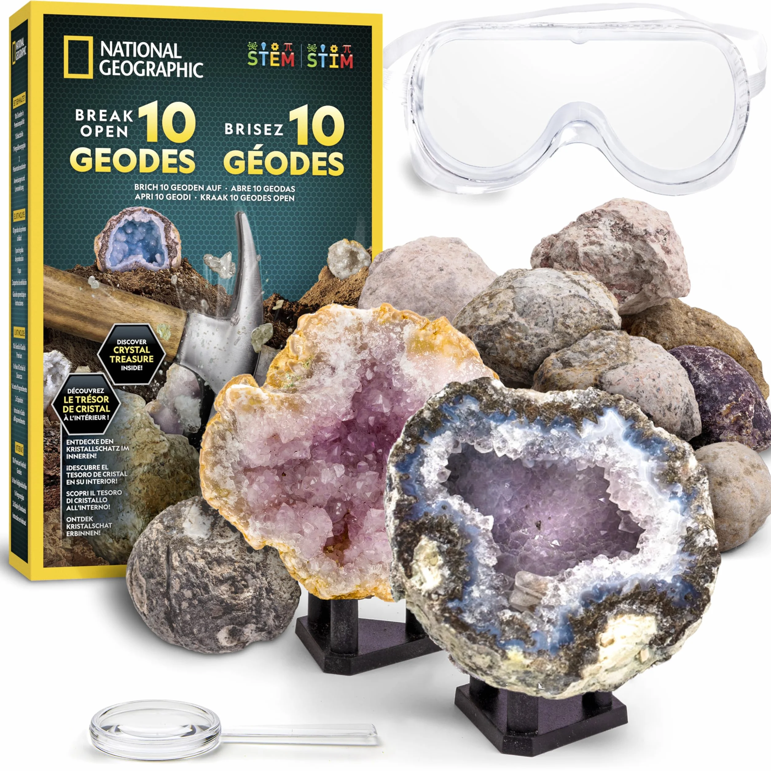 National Geographic Kit Scientifique CTIM 10 Géodes à Casser avec Lunettes Supports Cadeau Géologie Enfants