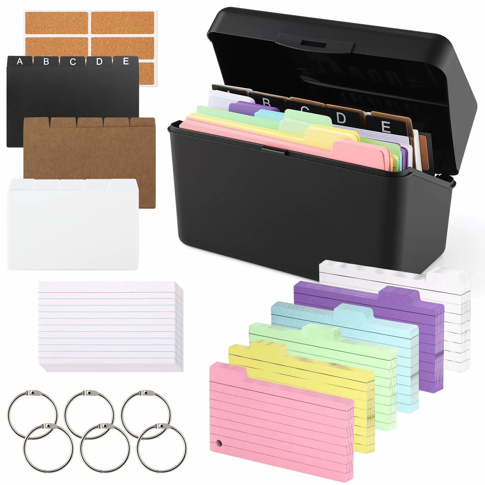 Kit Boîtes à Fiches Noir 230 Fiches Lignées Colorées 15 Registres 6 Anneaux