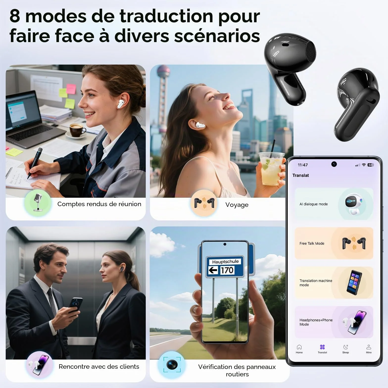 Traducteur Écouteur NE20 OWS Sans Fil 134 Langues IA Bluetooth 5.4 Écran LED Blanc