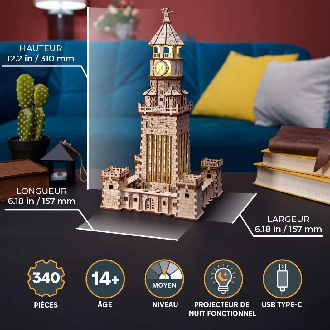 Puzzle 3D Ugears Phare d'Alexandrie - Kits de Bricolage pour Adultes avec veilleuse LED - Modèle en Bois à Assembler - Cadeau Parfait pour Les Adultes - 340 pièces