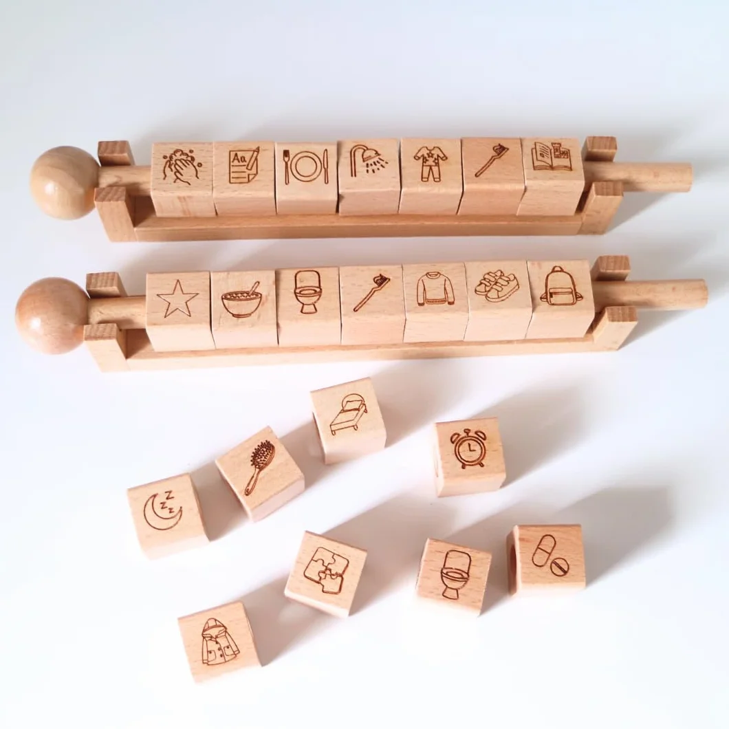 Cubes Routine Enfant Matin & Soir, Tableau Visuel 22 Cubes Pivotants en Bois, Autonomie TDAH/TSA