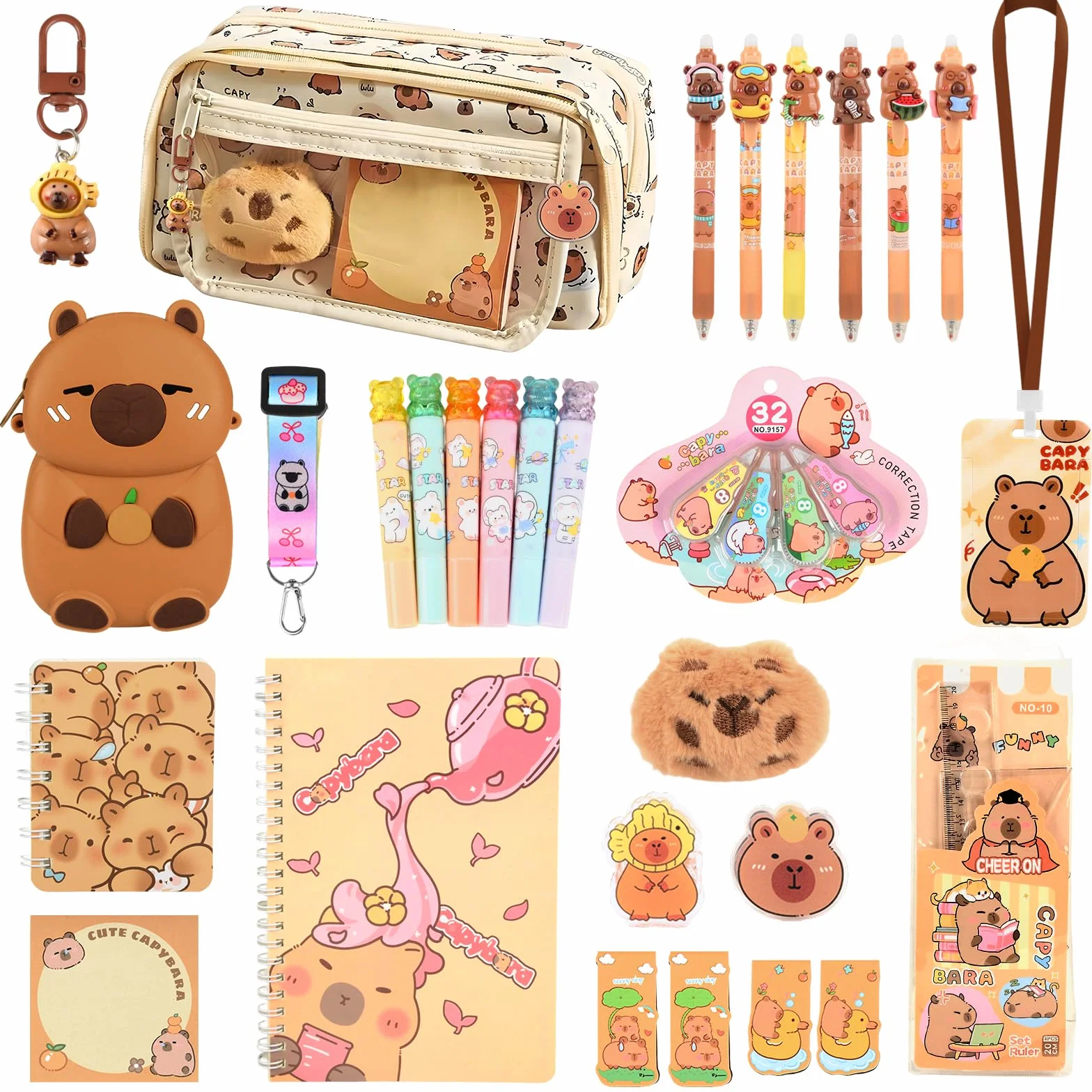 Papeterie Capybara Trousse Grande Capacité Stylo Effacables Carnets Notes Règle Dessin Signets Porte-Monnaie Fourniture Scolaire