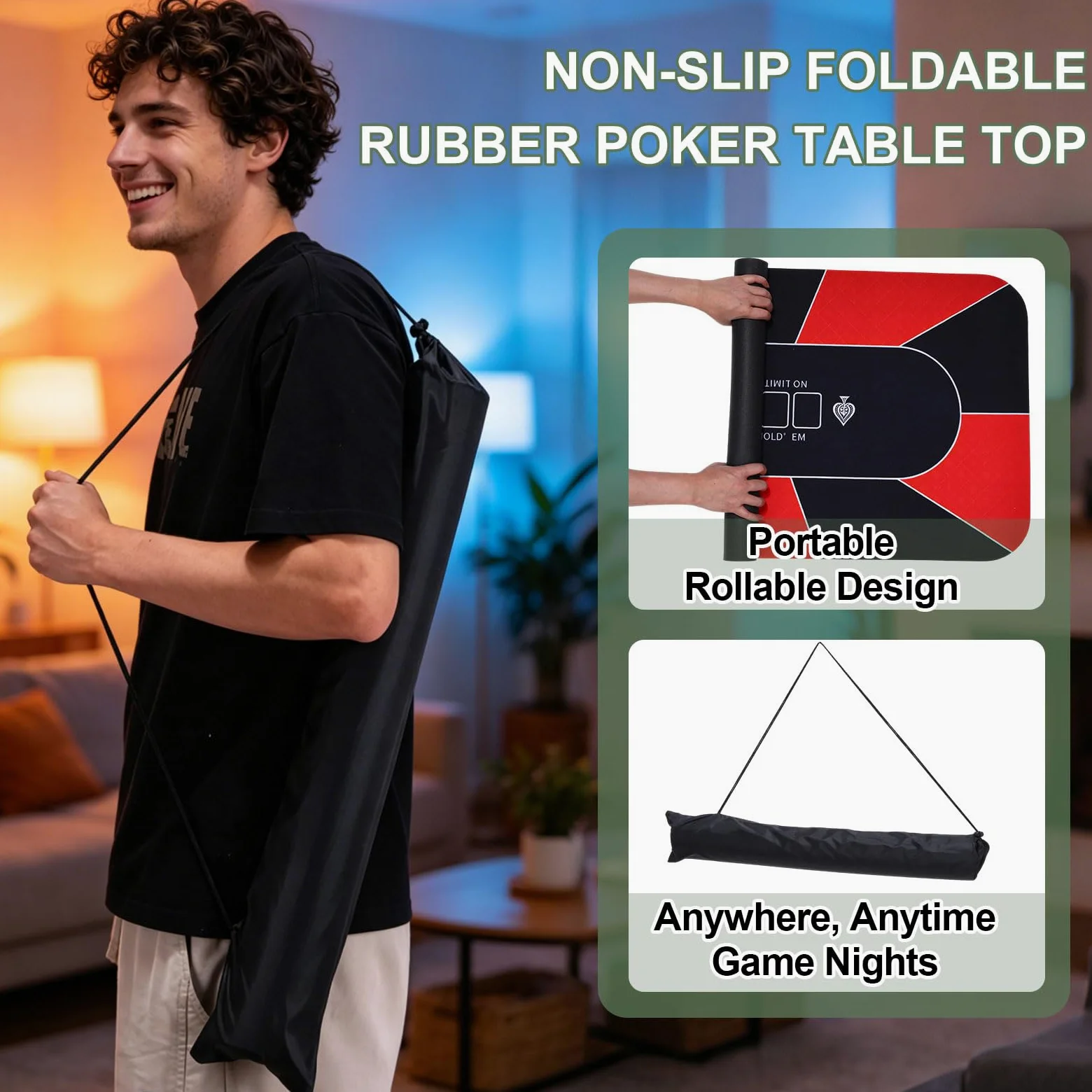 DTGN Tapis De Poker Portable, 180 x 90 cm Tapis De Poker en Caoutchouc Antidérapant Et Pliable, Dessus De Table Réducteur De Bruit avec Sac De Rangement en Polyester pour Jeux De Table