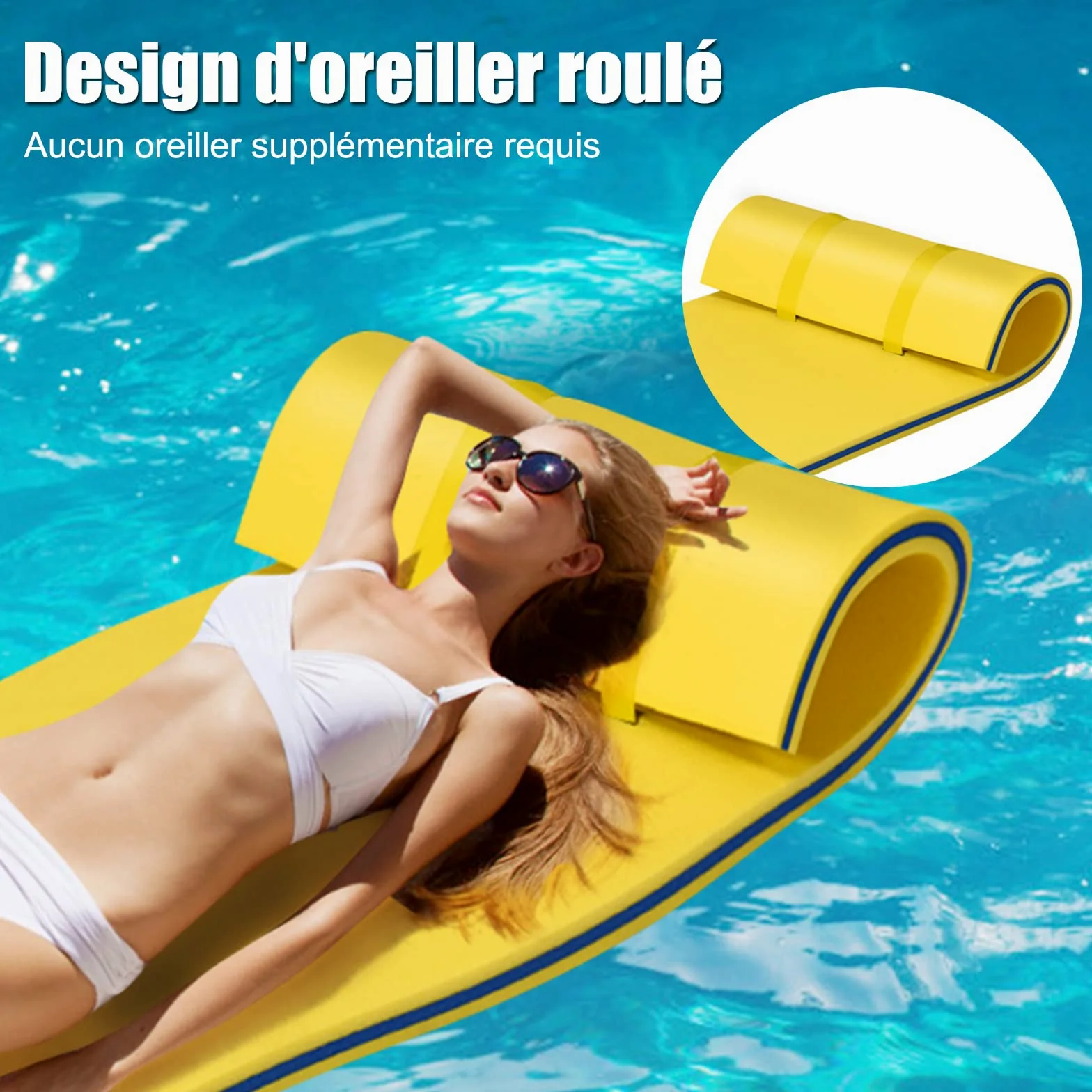RELAX4LIFE Tapis Flottant Piscine en Mousse XPE 216x66cm pour Piscine Plage Lac, Hamac Flottant Piscine avec Oreiller Roulé pour Sports Nautiques, Bronzage d’Eté, Charge 60kg(Jaune)