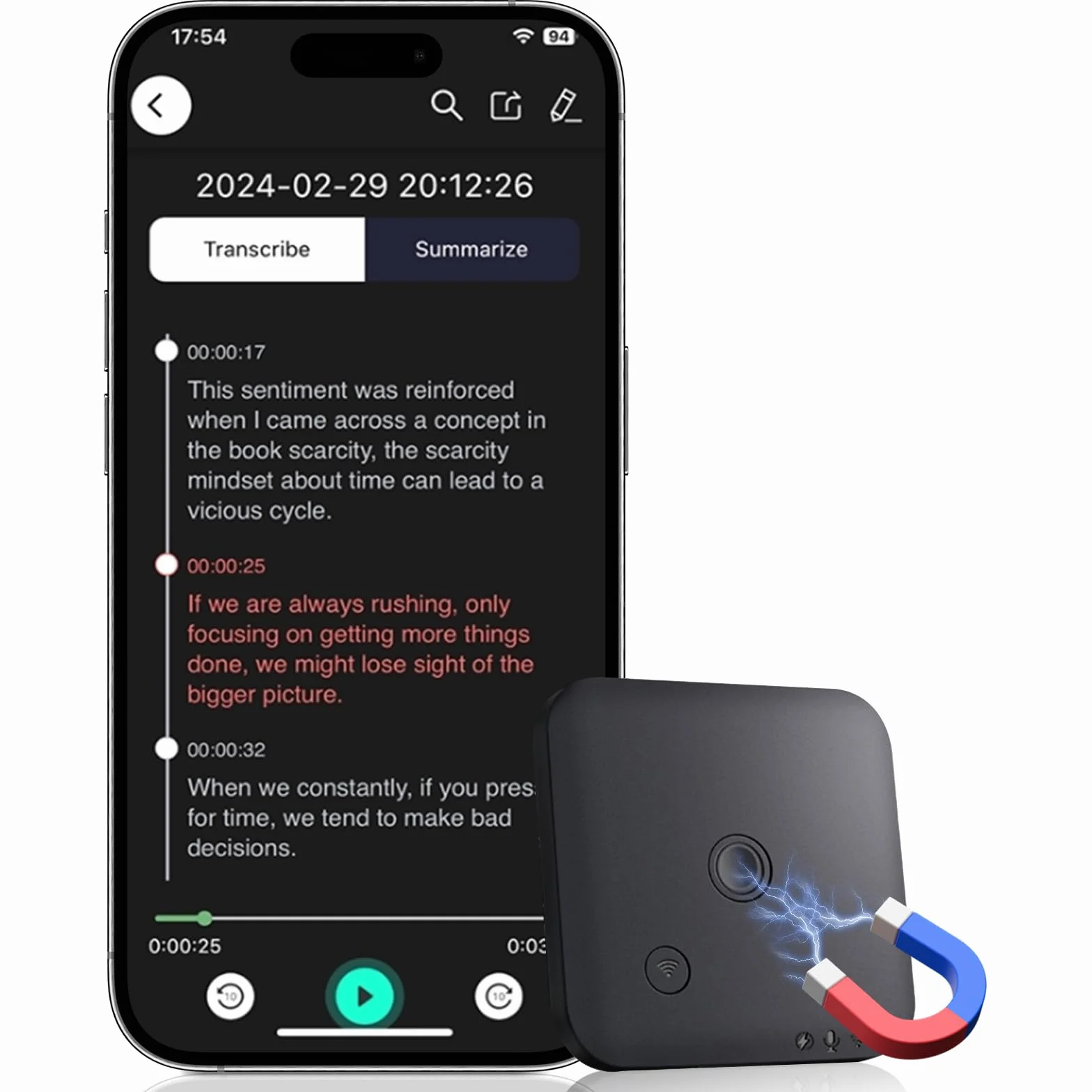 Enregistreur Vocal Numérique IA 64 Go avec ChatGPT 4o, Dictaphone Magnétique pour Transcription 102 Langues, Noir