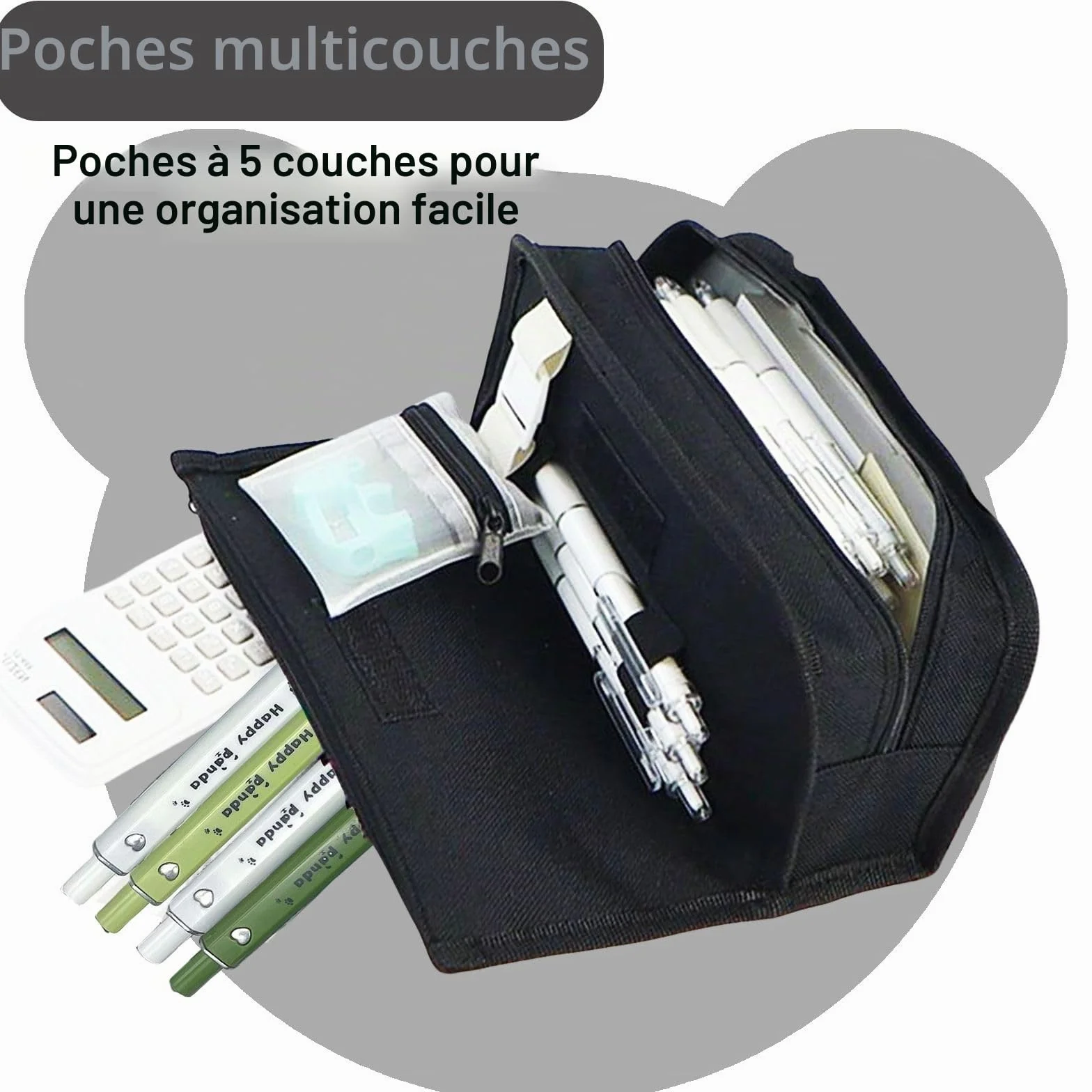 Trousse Scolaire Panda Kawaii Grande Capacité Plusieurs Compartiments Noir