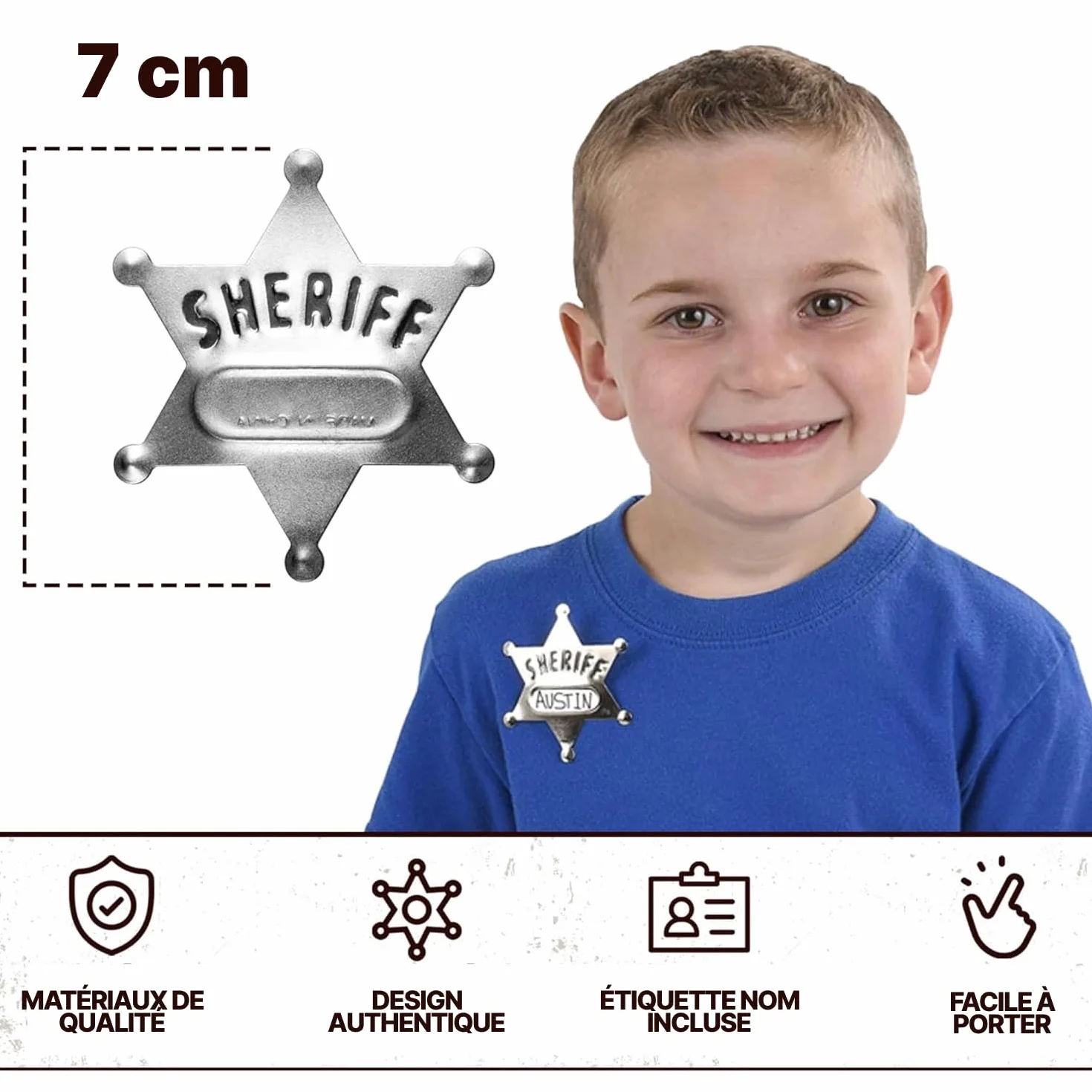 Badges de shérif en métal – Lot de 24, Silver Star Badges nominatifs Western Cowboy pour enfants
