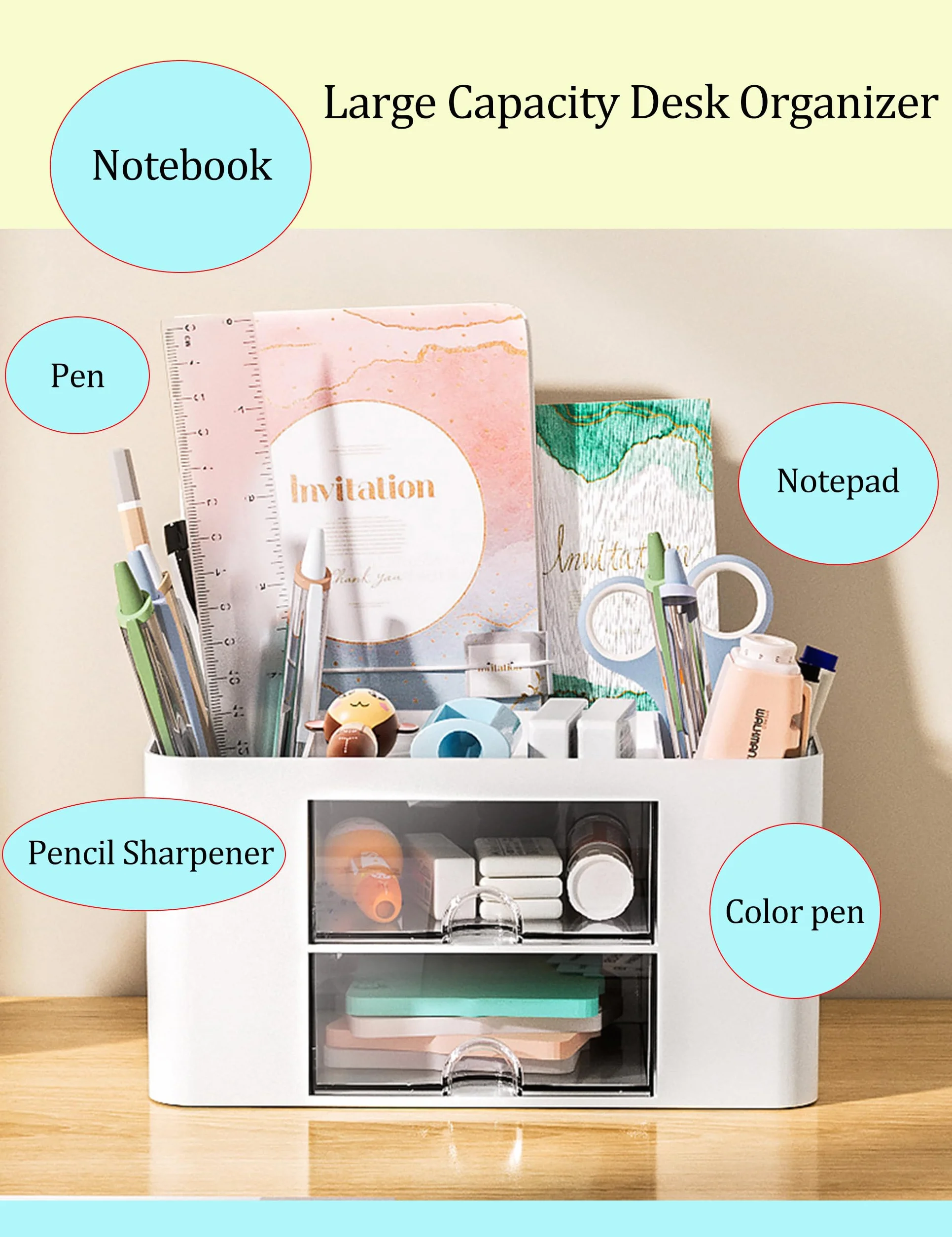 Skran Organiseur Bureau 7 Compartiments Rangement Multifonctionnel Pot à Stylo Avec Tiroir Blanc