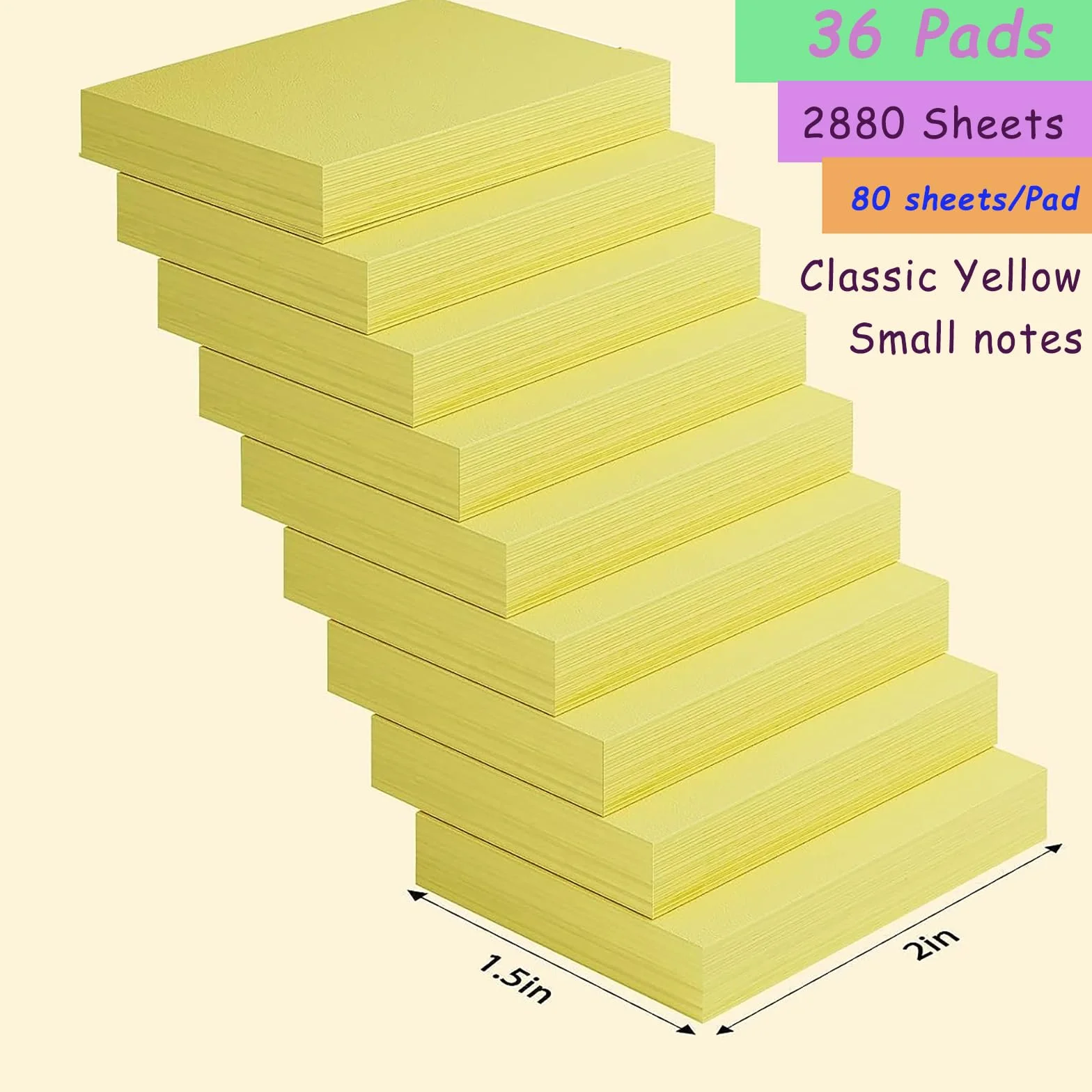 Lot de 36 mini blocs de notes adhésives 3,8 x 5,1 cm, 80 feuilles/bloc, jaune basique