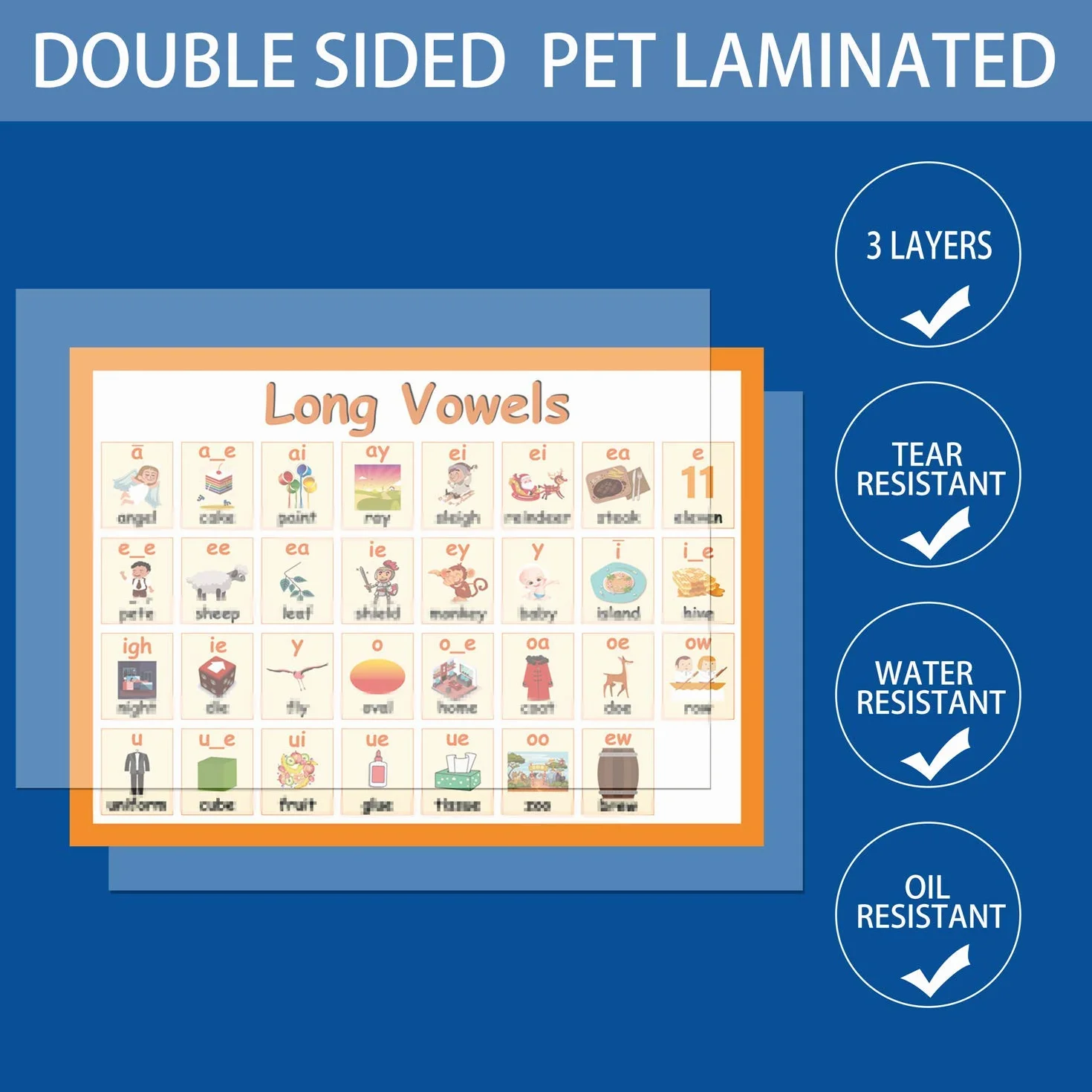 YIYEE 2 pcs Preschool English Poster for Toddlers Kids English Learning Wall Long & Short Vowel Charts 16"x 23.6" English Version