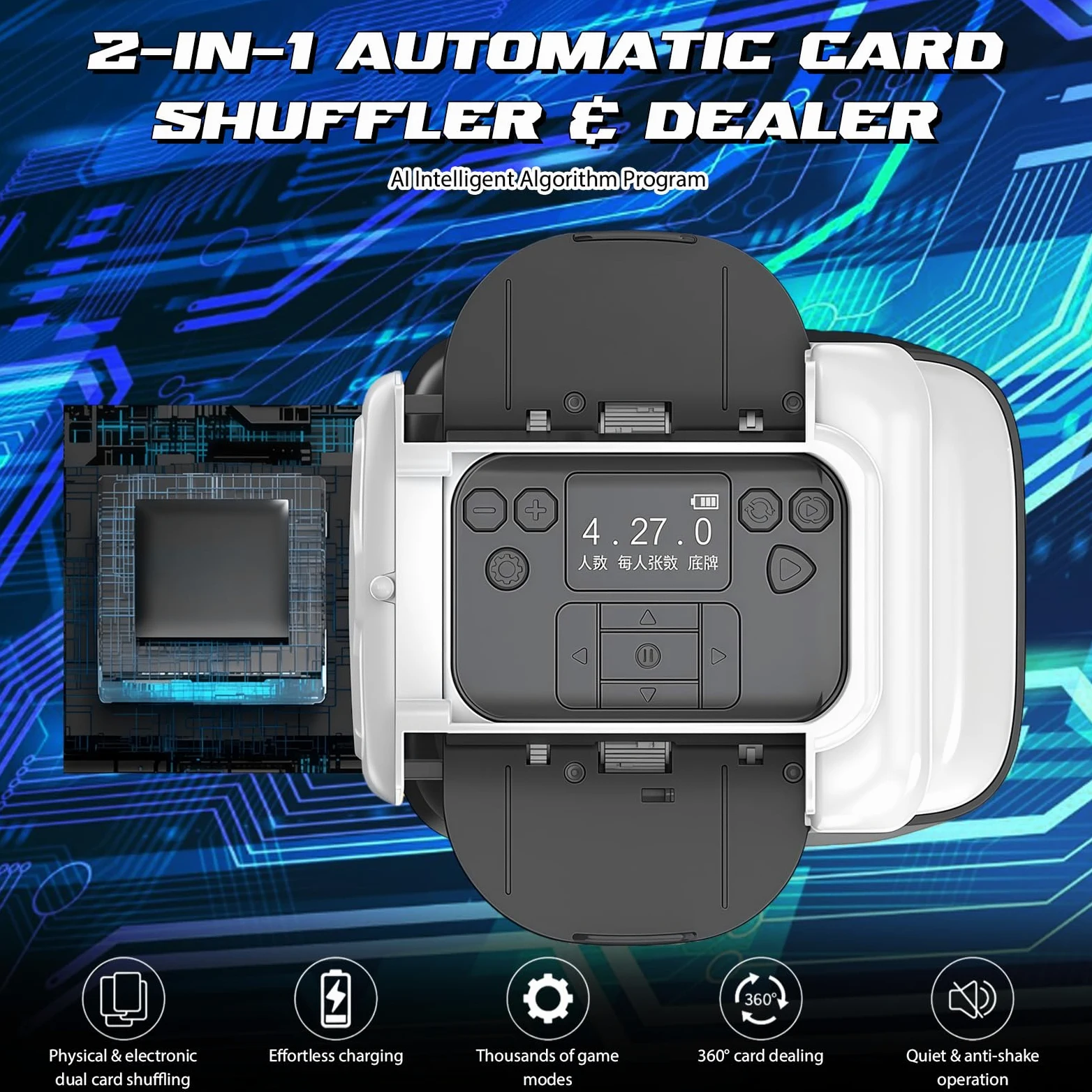 Distributeur et Mélangeur de Cartes Automatique – Machine Électrique Silencieuse pour 1 à 4 Jeux – Rechargeable (2000mAh) pour Poker, Blackjack, Texas Hold'em