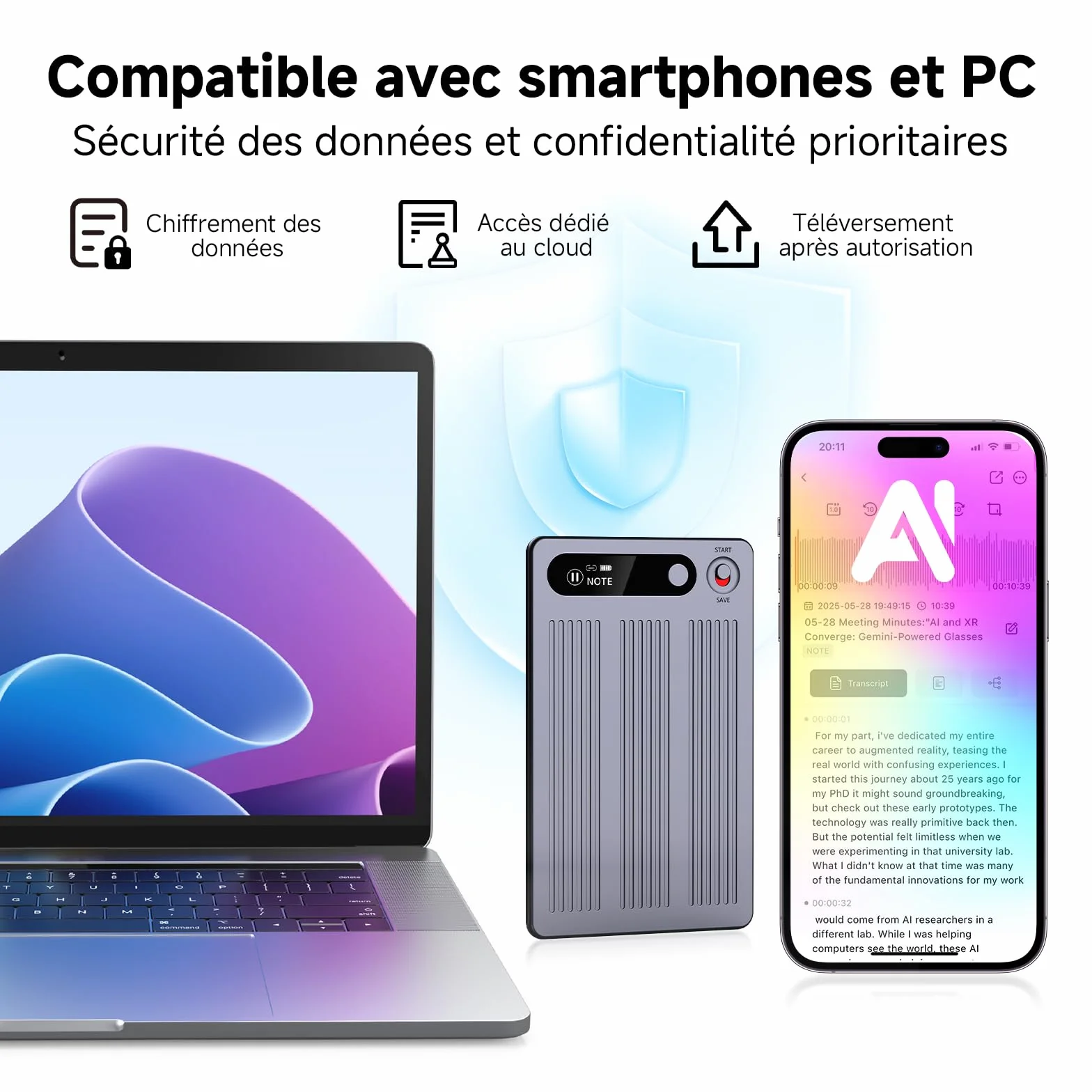 Enregistreur Vocal IA avec Étui magnétique Dictaphone - Contrôle par App, Traducteur & Transcription & résumé, 80+ Langues pour Conférences Appels