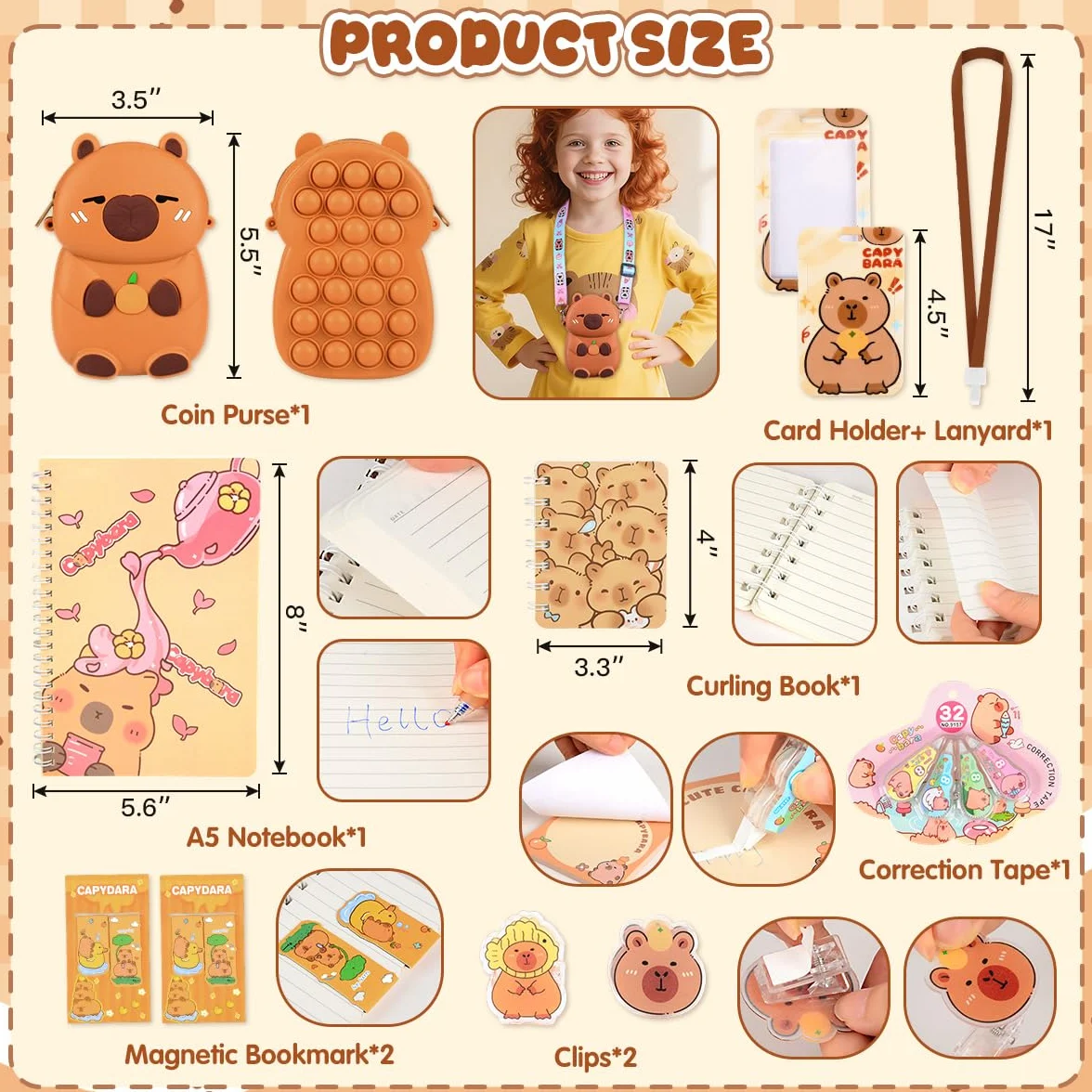 Papeterie Capybara Trousse Grande Capacité Stylo Effacables Carnets Notes Règle Dessin Signets Porte-Monnaie Fourniture Scolaire