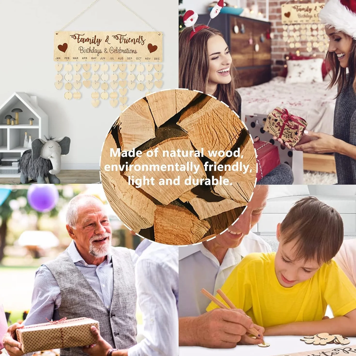 Calendrier Mural en Bois avec 100 Étiquettes pour Anniversaire, Décoration Murale Maison