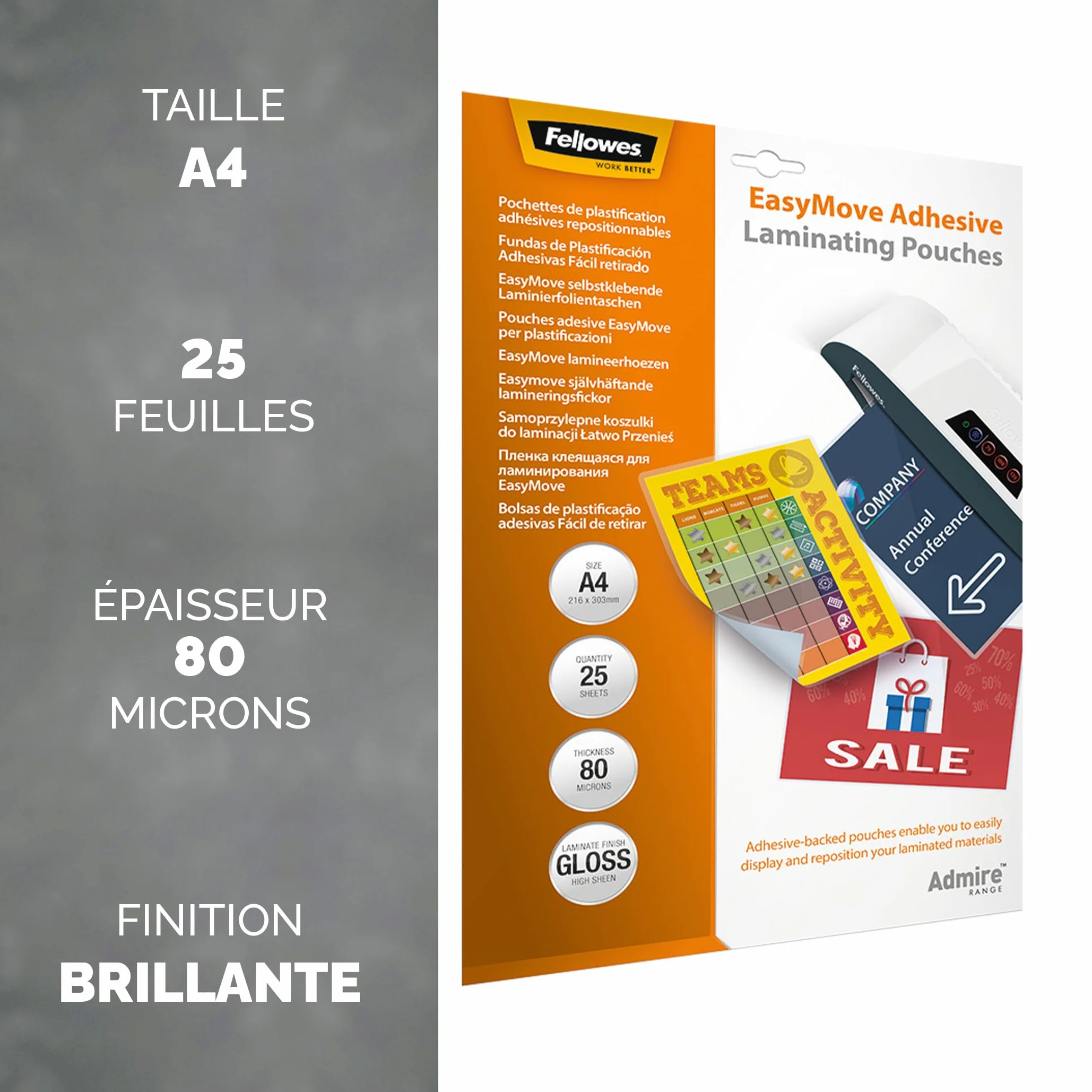 Fellowes pochettes de plastification Admire A4 80 microns lot de 25 brillant