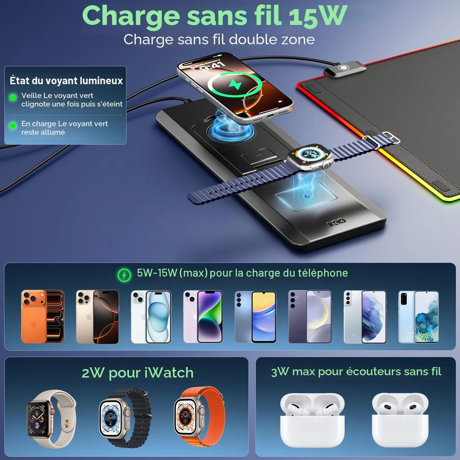 KDD Tapis de Souris avec Support Téléphone Pliable - Recharge sans Fil Rapide 15 W - sous-Main Gaming Surface Ultra-Lisse, Base Antidérapante