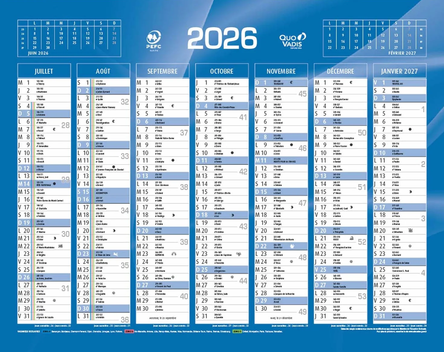 Calendrier De Banque Quo Vadis Bleu 43x34 cm Année 2026 Carton Rigide