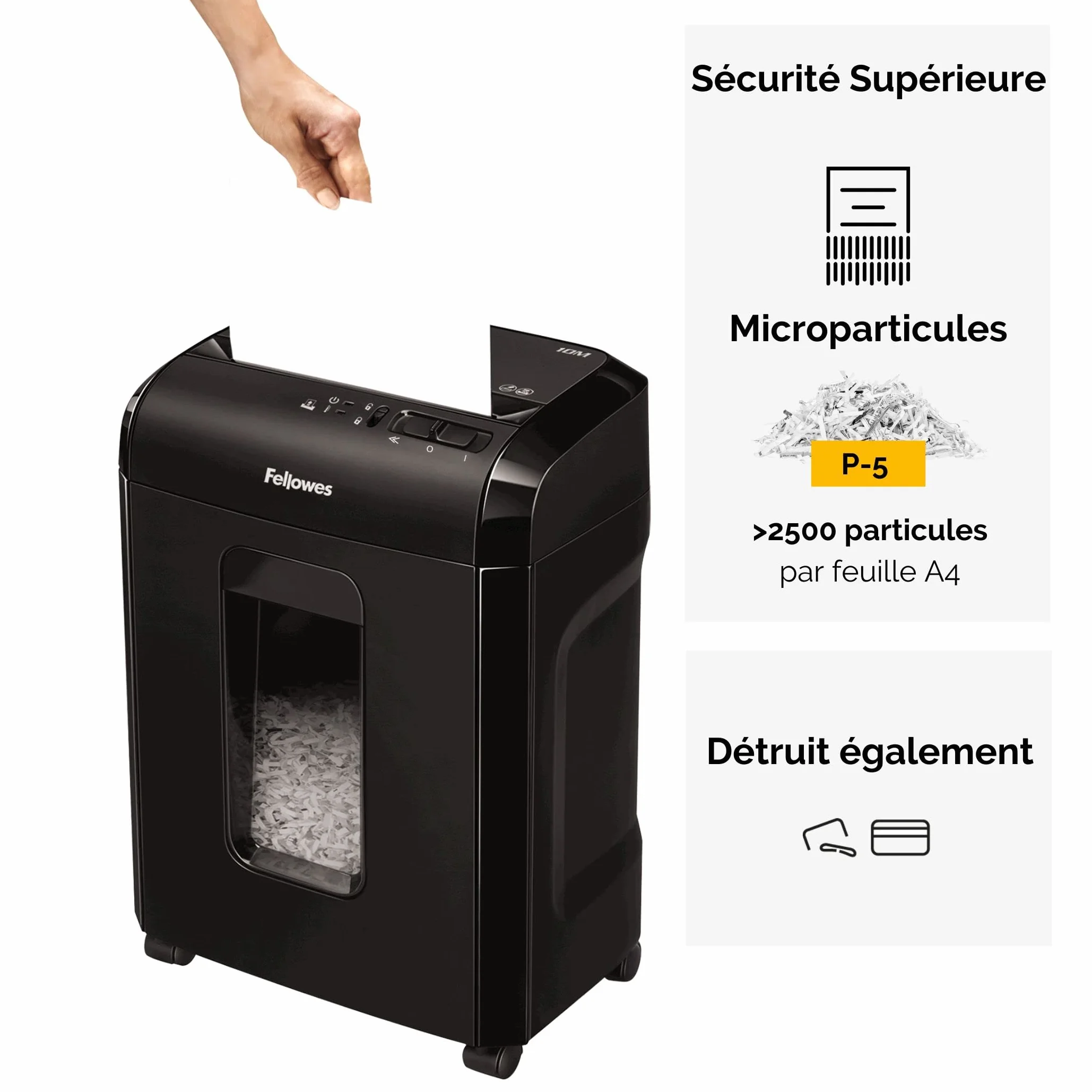 Fellowes Powershred 10M destructeur de papier micro-coupe 10 feuilles DIN P5 corbeille 19L